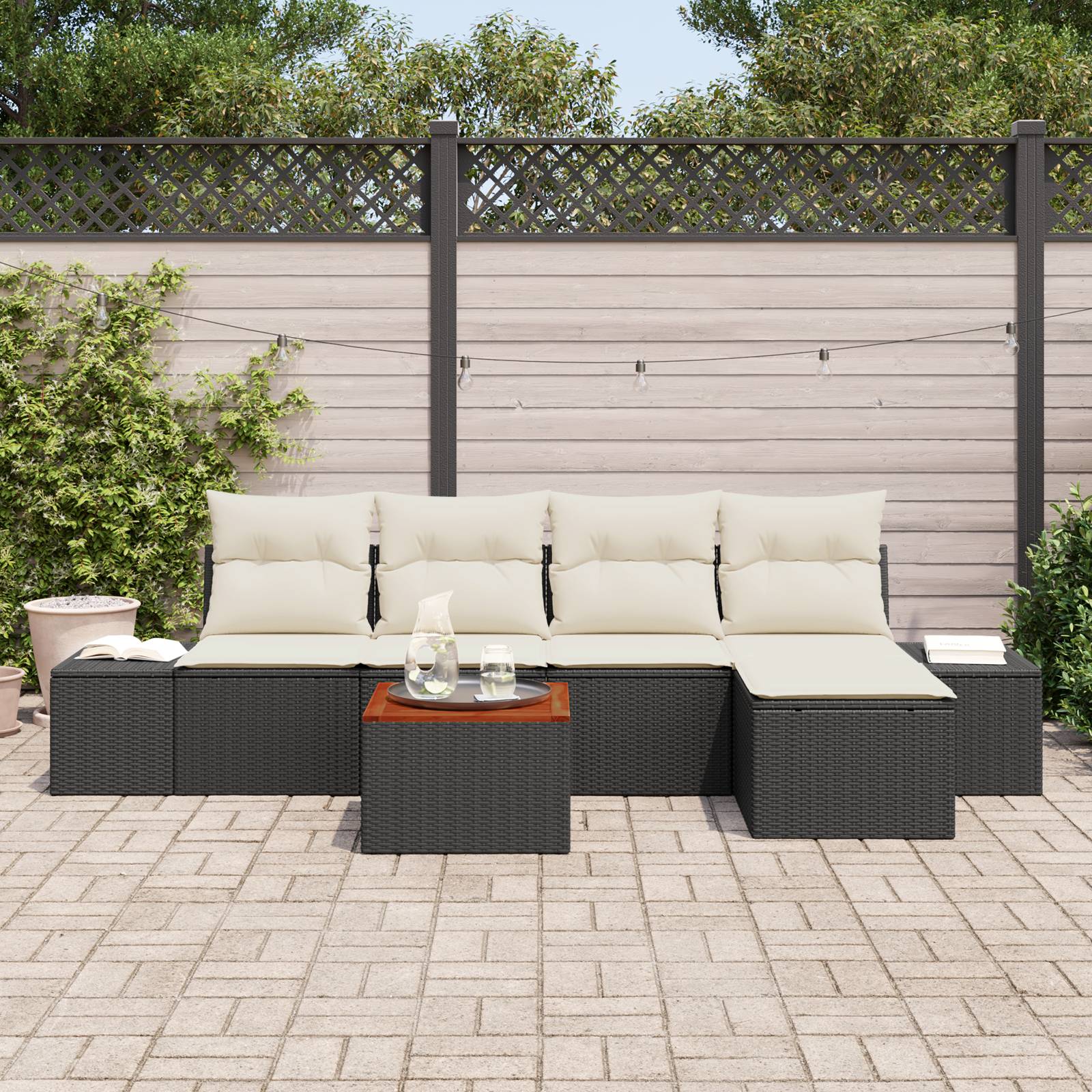 vidaXL 6-tlg Garten-Sofagarnitur mit Kissen Schwarz Poly Rattan Akazie