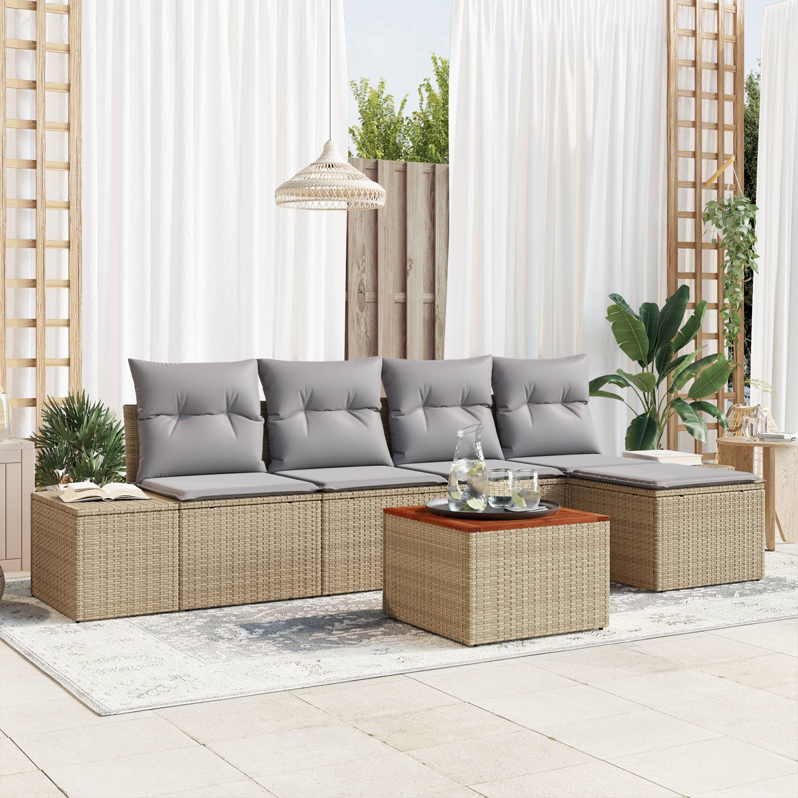 vidaXL 6-tlg. Garten-Sofagarnitur mit Kissen Beige Poly Rattan Akazie