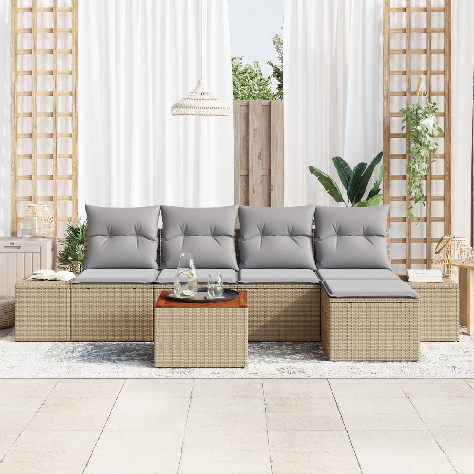 vidaXL 6-tlg. Garten-Sofagarnitur mit Kissen Beige Poly Rattan Akazie