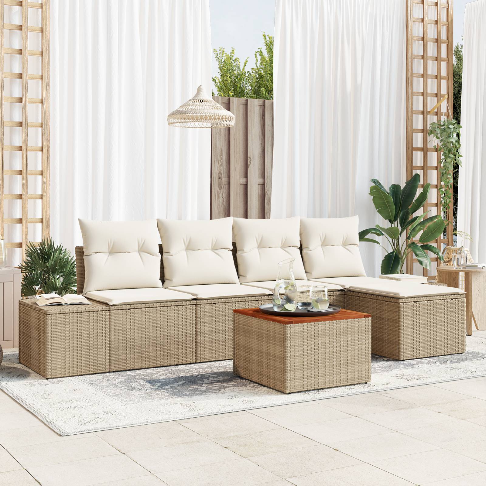 vidaXL 6-tlg. Garten-Sofagarnitur mit Kissen Beige Poly Rattan Akazie
