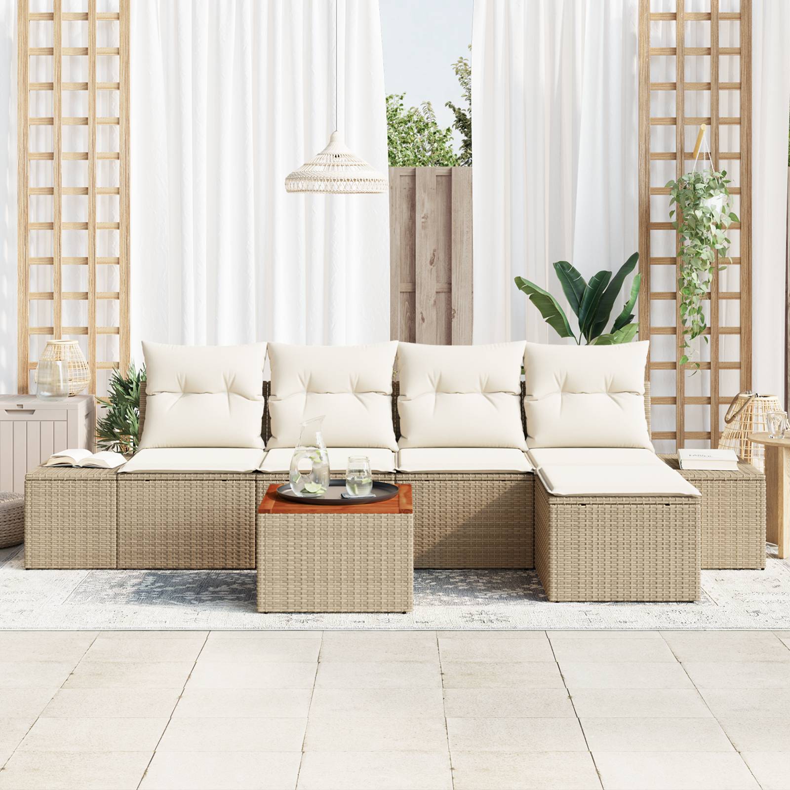 vidaXL 6-tlg. Garten-Sofagarnitur mit Kissen Beige Poly Rattan Akazie