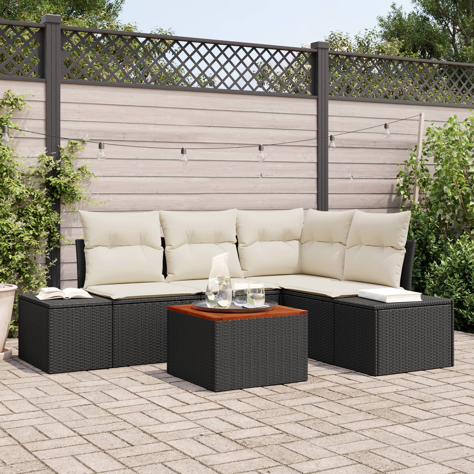 vidaXL 5-teiliges Garten-Sofa-Set mit Kissen Schwarz Poly Rattan Akazie