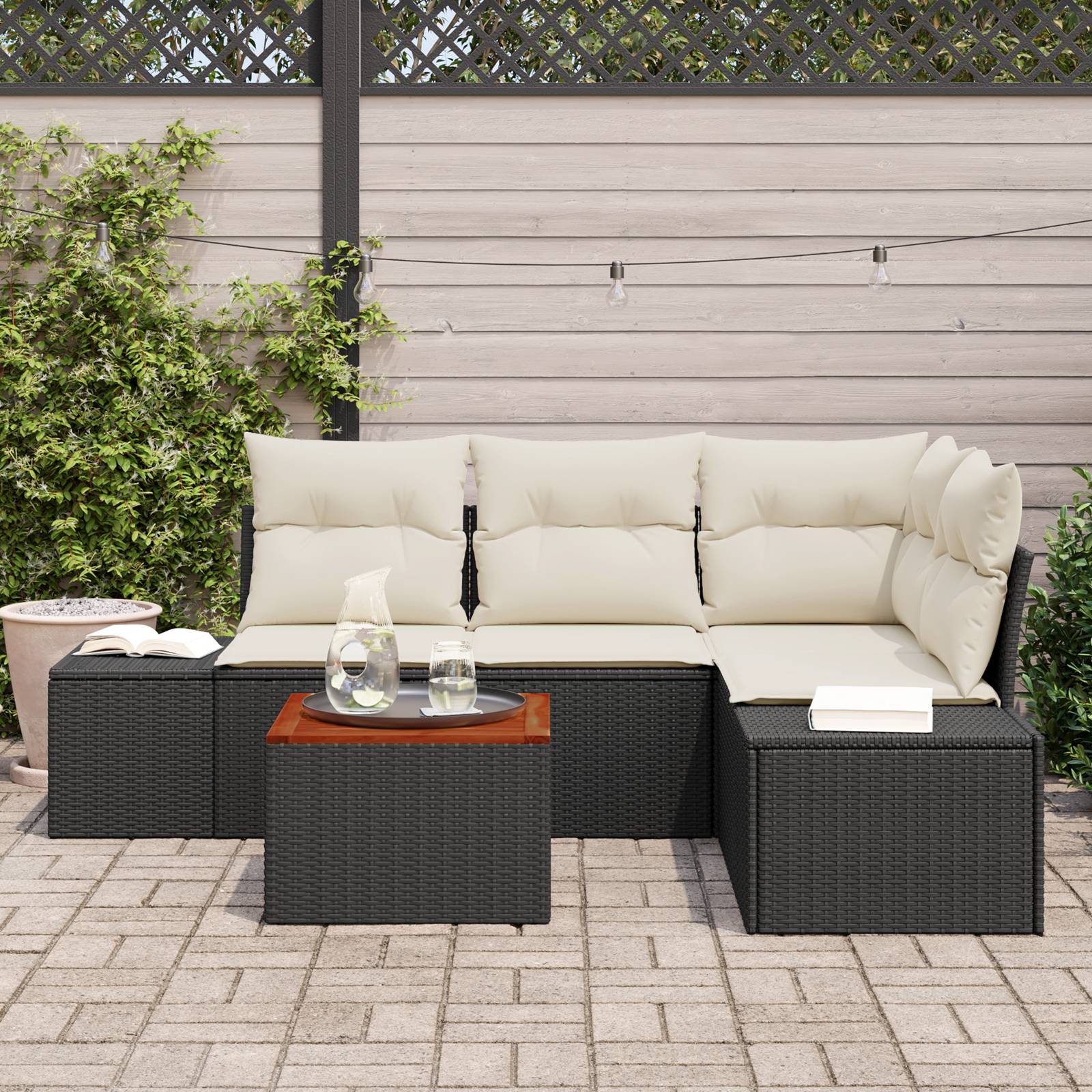 vidaXL 5-teiliges Garten-Sofa-Set mit Kissen Schwarz Poly Rattan Akazie