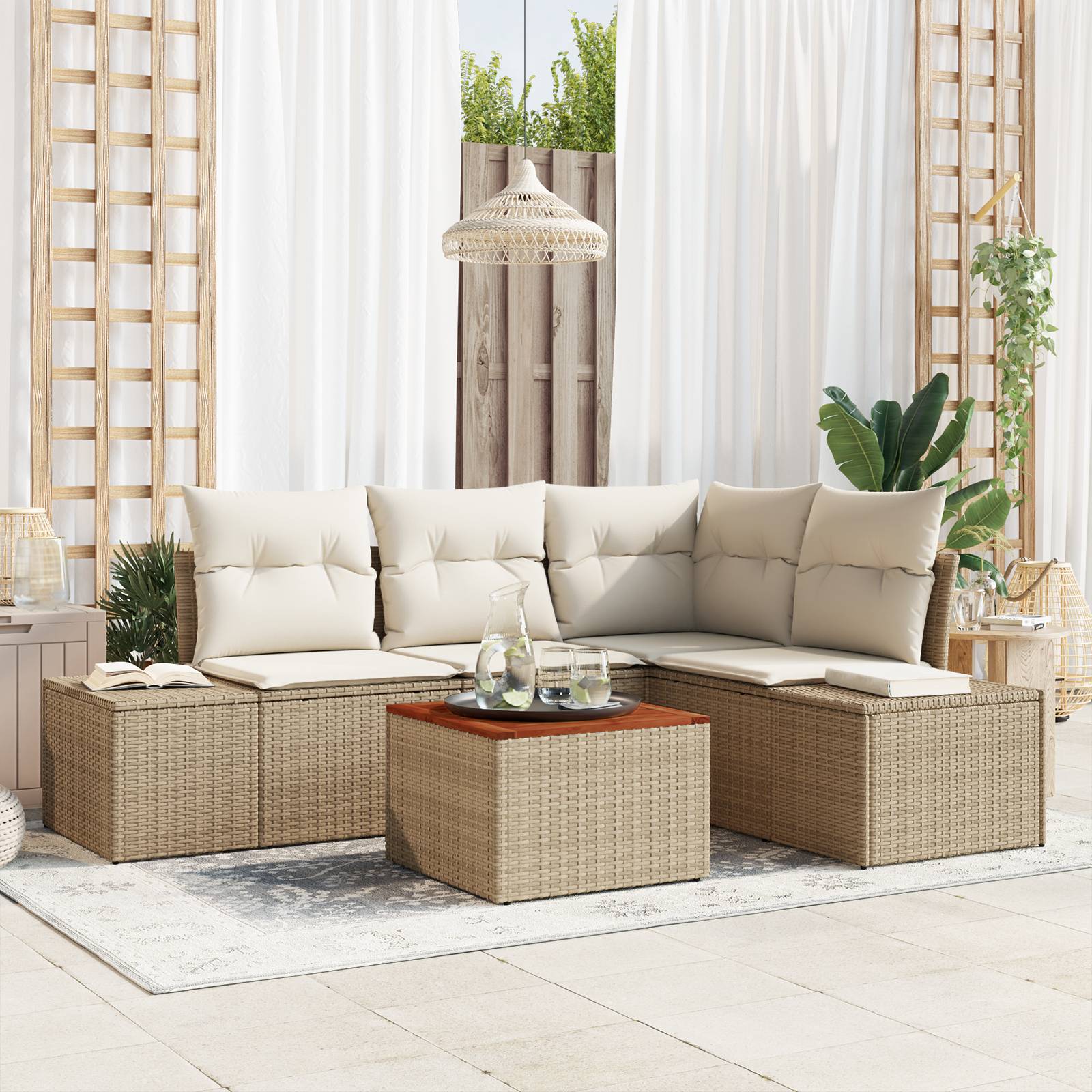 vidaXL 5-teiliges Garten-Sofa-Set mit Kissen Beige Poly-Rattan Akazie