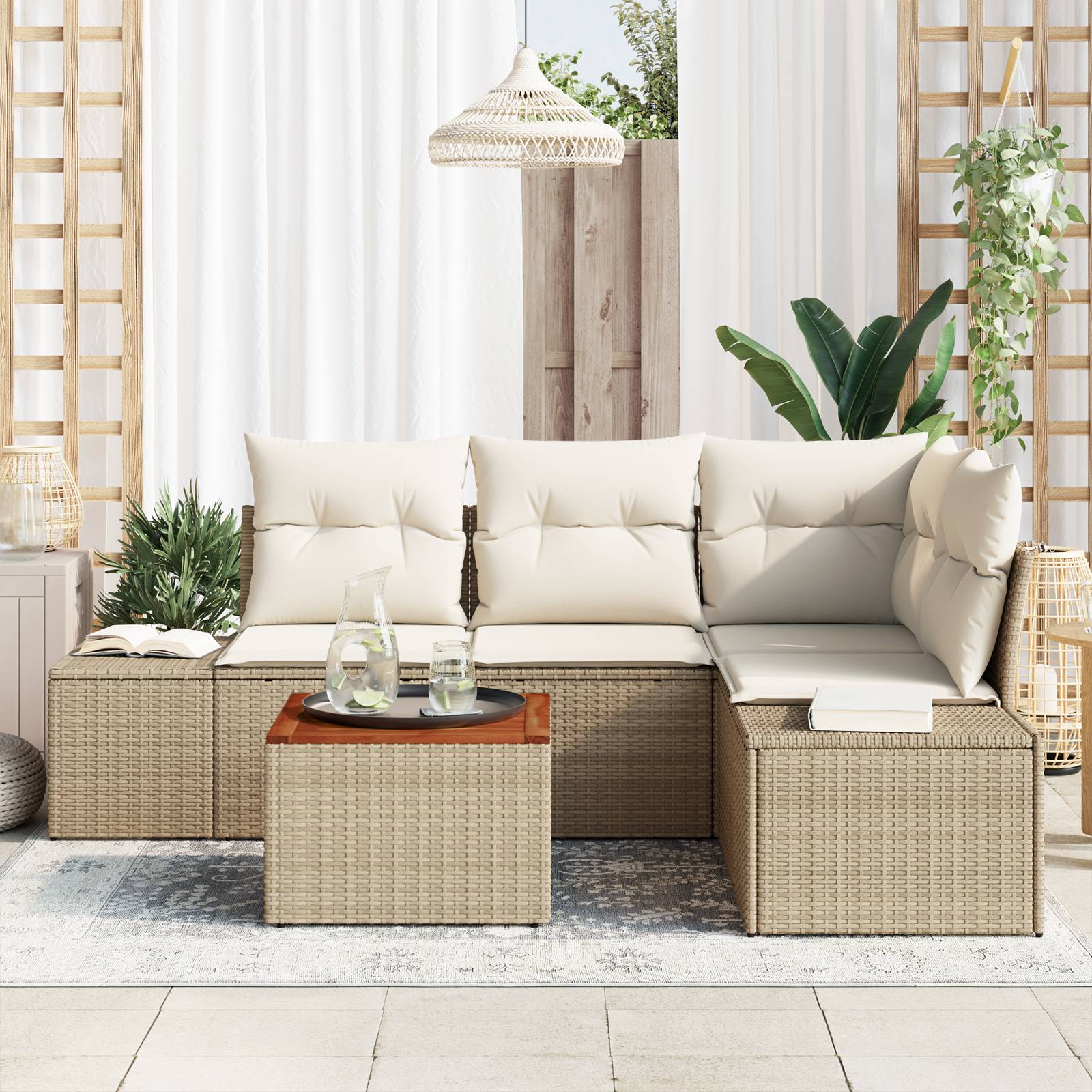 vidaXL 5-teiliges Garten-Sofa-Set mit Kissen Beige Poly-Rattan Akazie