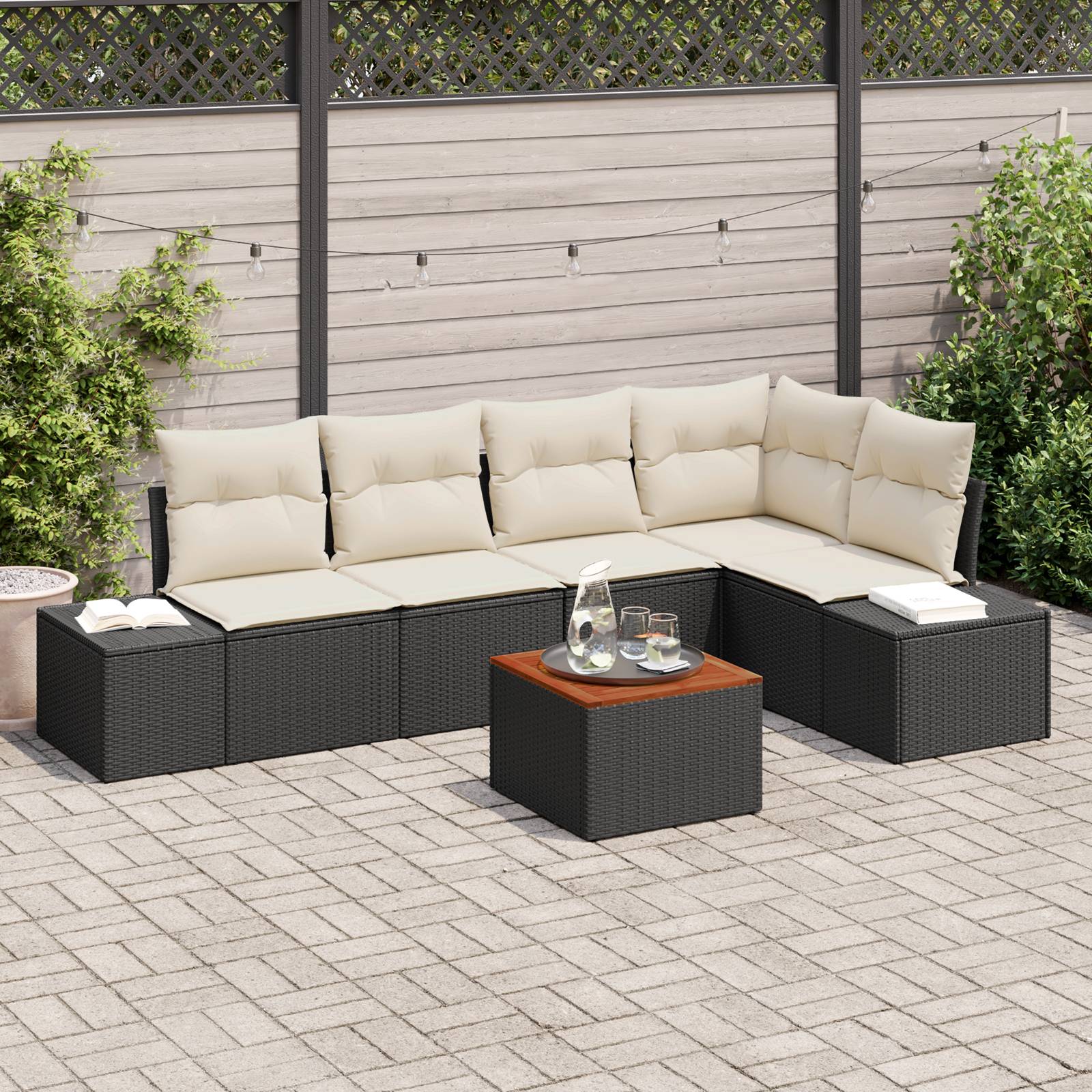 vidaXL 6-tlg Garten-Sofagarnitur mit Kissen Schwarz Poly Rattan Akazie