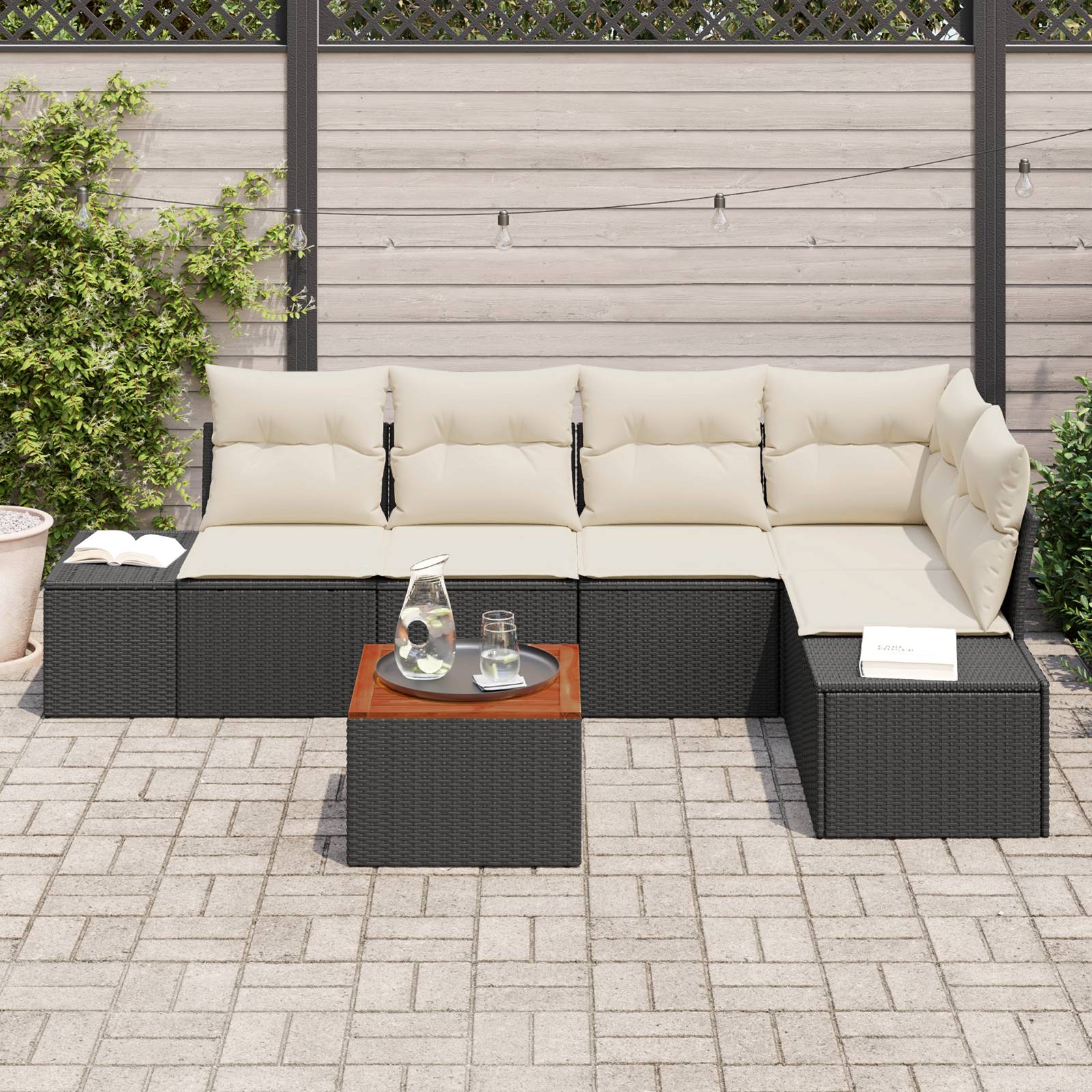 vidaXL 6-tlg Garten-Sofagarnitur mit Kissen Schwarz Poly Rattan Akazie