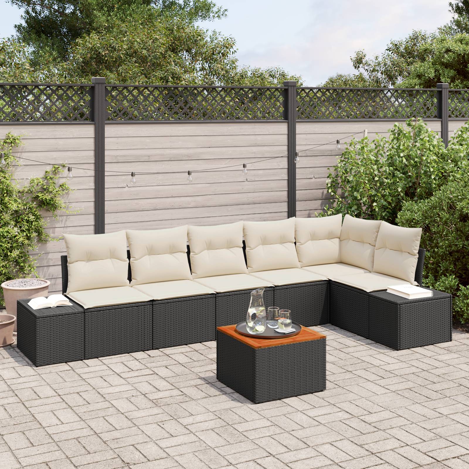 vidaXL 7-tlg. Garten-Sofagarnitur mit Kissen Schwarz Poly Rattan