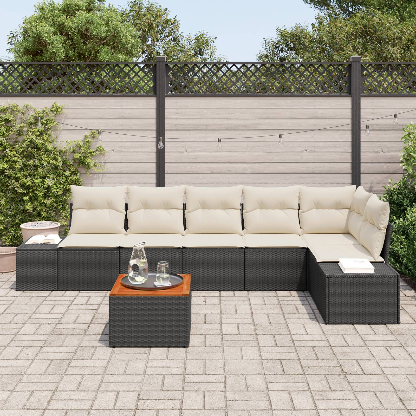 vidaXL 7-tlg. Garten-Sofagarnitur mit Kissen Schwarz Poly Rattan