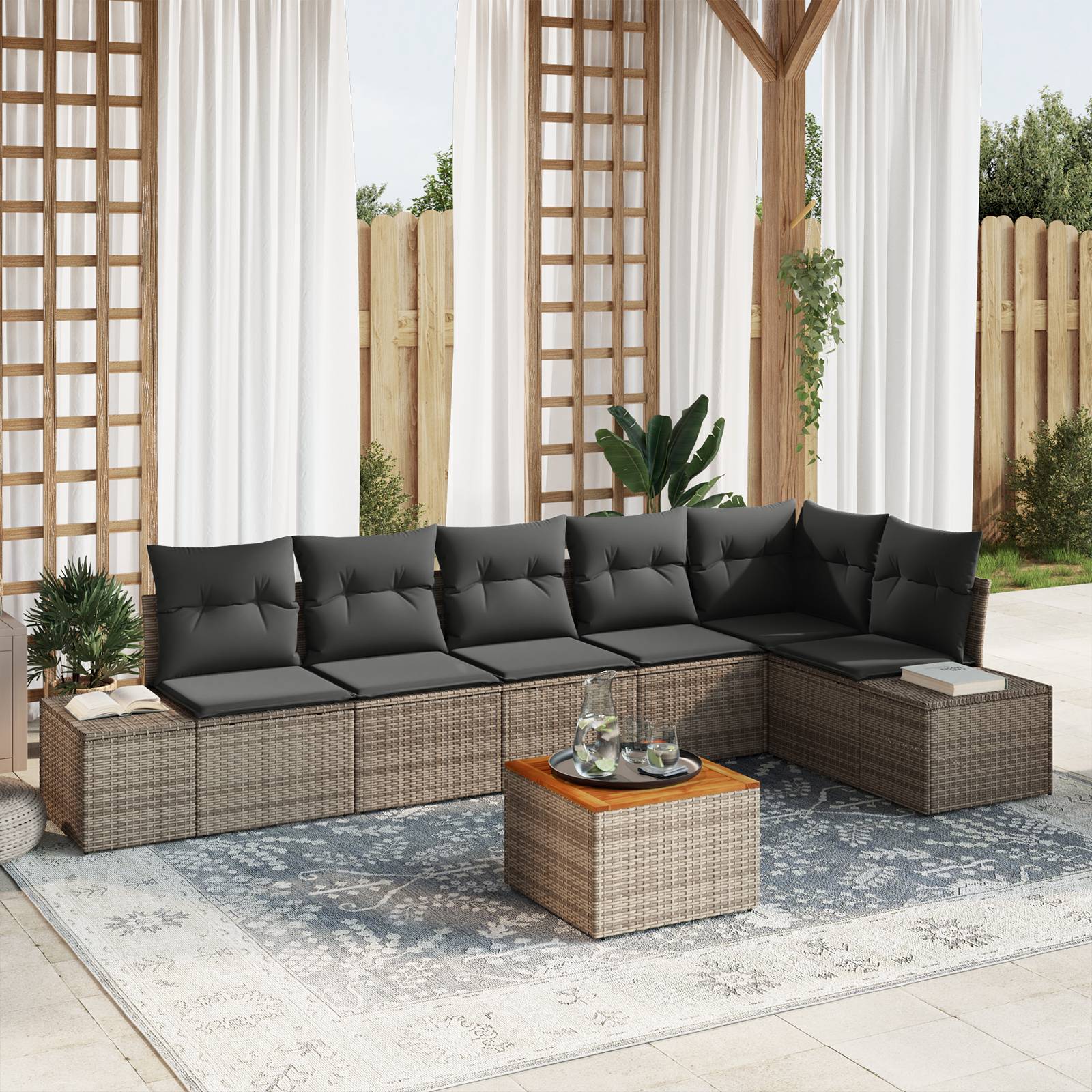 vidaXL 7-Teiliges Garten-Sofa-Set mit Kissen Grau Poly-Rattan Akazie