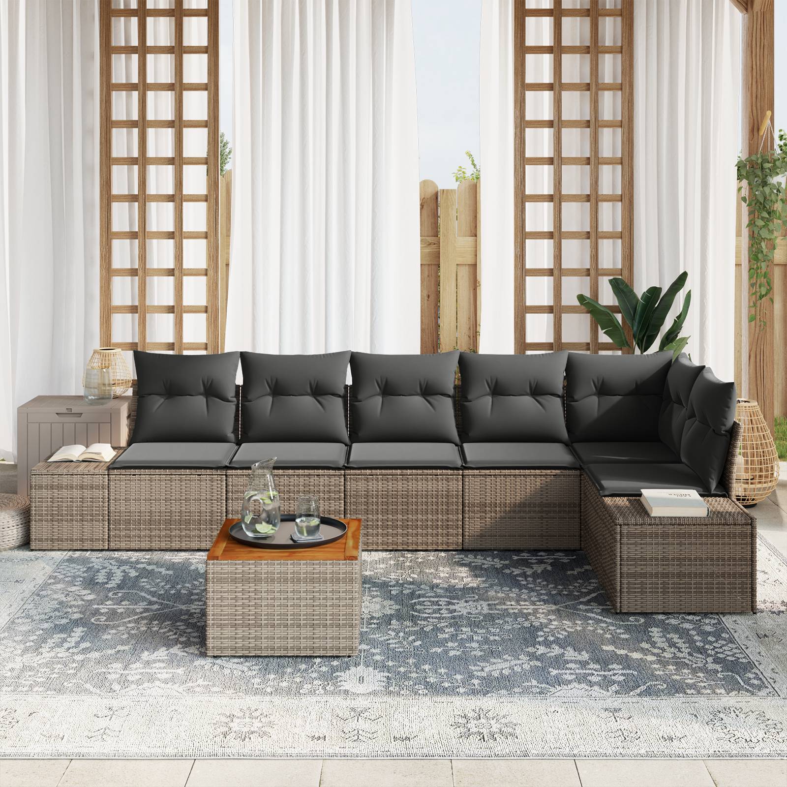 vidaXL 7-Teiliges Garten-Sofa-Set mit Kissen Grau Poly-Rattan Akazie