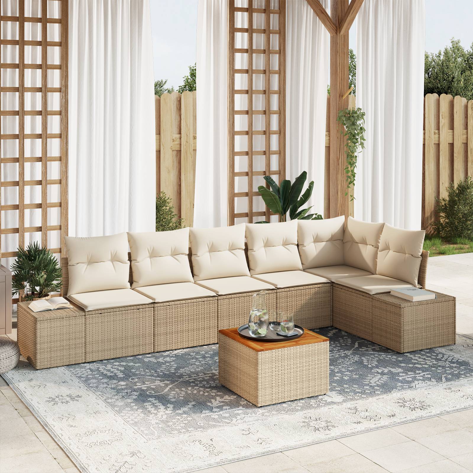 vidaXL 7-teiliges Garten Sofa Set mit Kissen Beige Poly Rattan Akazie