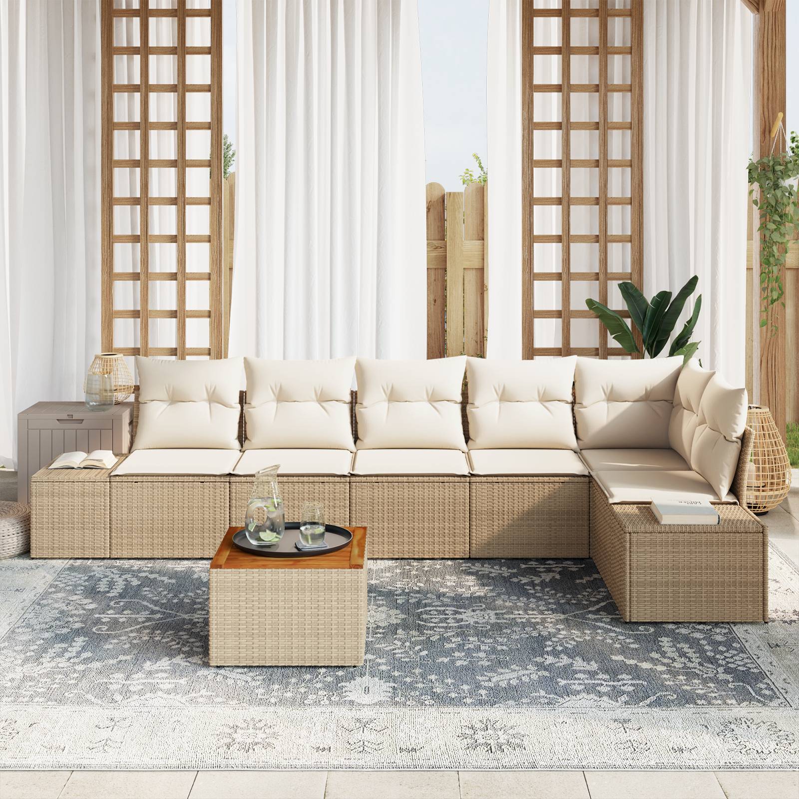 vidaXL 7-teiliges Garten Sofa Set mit Kissen Beige Poly Rattan Akazie