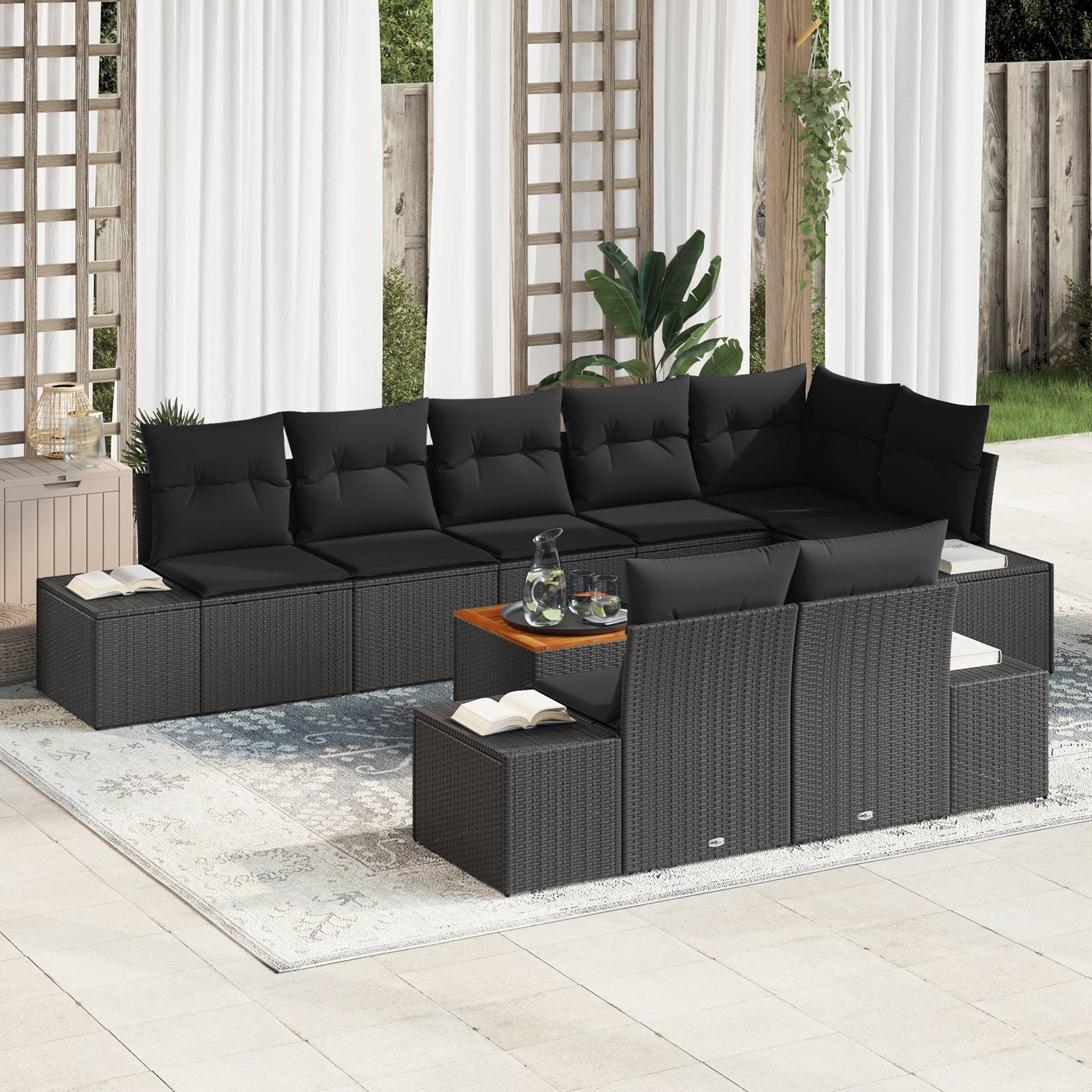vidaXL 9-tlg. Garten-Sofagarnitur mit Kissen Schwarz Poly Rattan