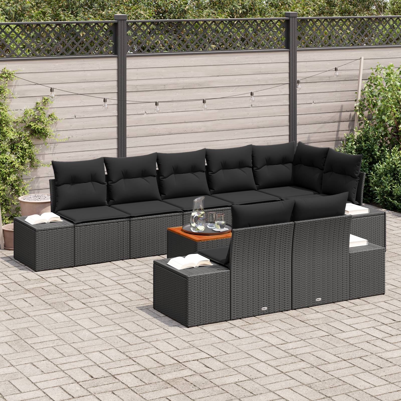 vidaXL 9-tlg. Garten-Sofagarnitur mit Kissen Schwarz Poly Rattan