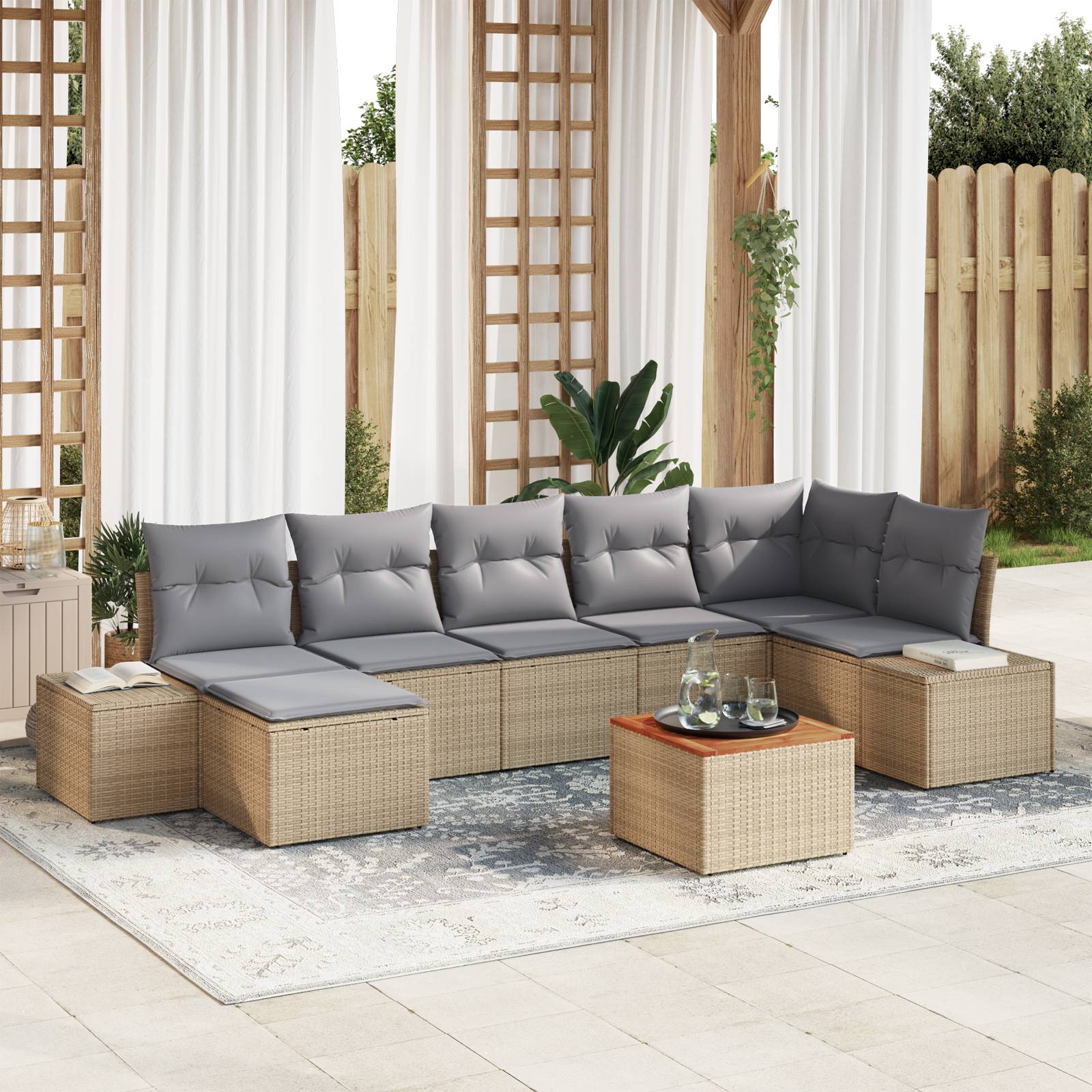 vidaXL 8-teiliges Garten Sofa Set mit Kissen Beige Poly Rattan Akazie