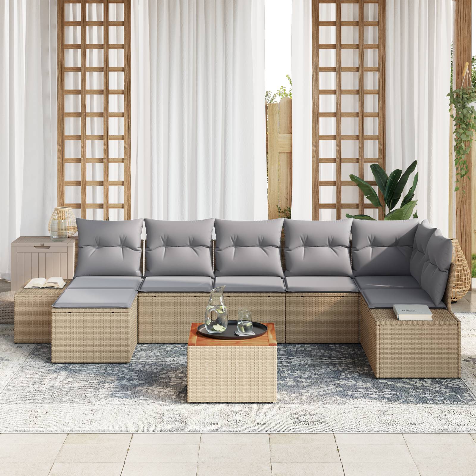 vidaXL 8-teiliges Garten Sofa Set mit Kissen Beige Poly Rattan Akazie