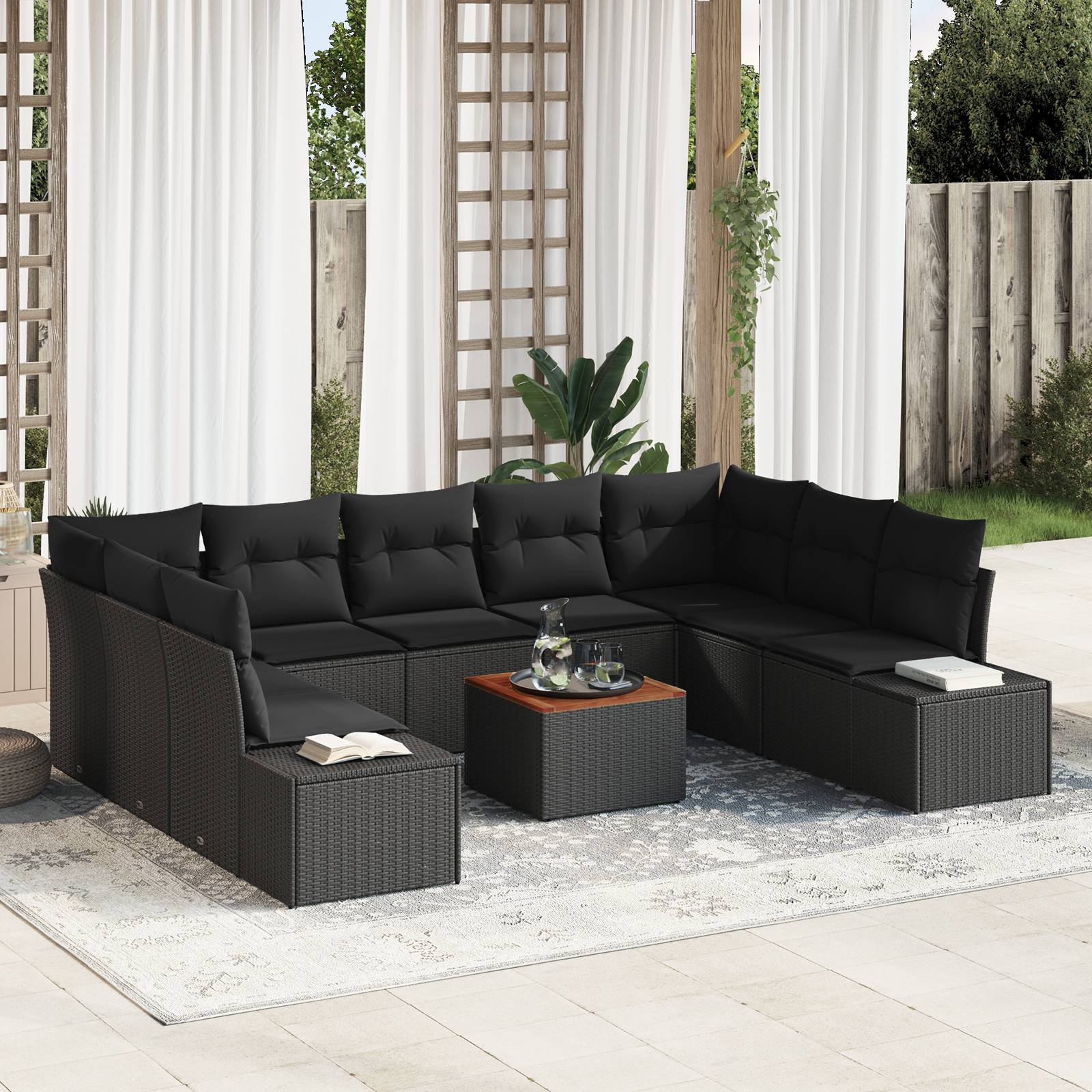vidaXL 10-teiliges Garten Sofa Set mit Kissen Schwarz Poly Rattan Akazie