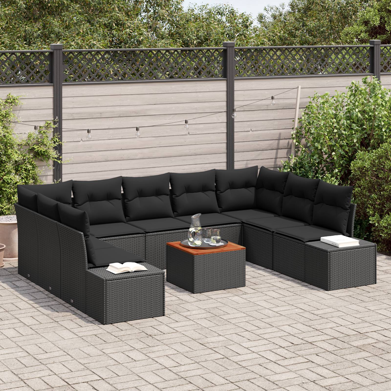 vidaXL 10-teiliges Garten Sofa Set mit Kissen Schwarz Poly Rattan Akazie