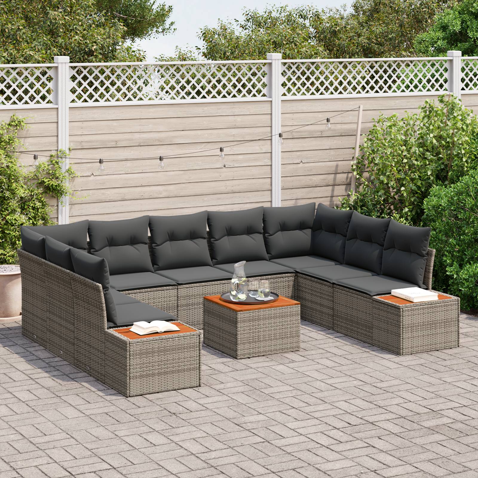 vidaXL 10-teiliges Gartensofa-Set mit Kissen aus grauem Poly-Rattan und Akazie