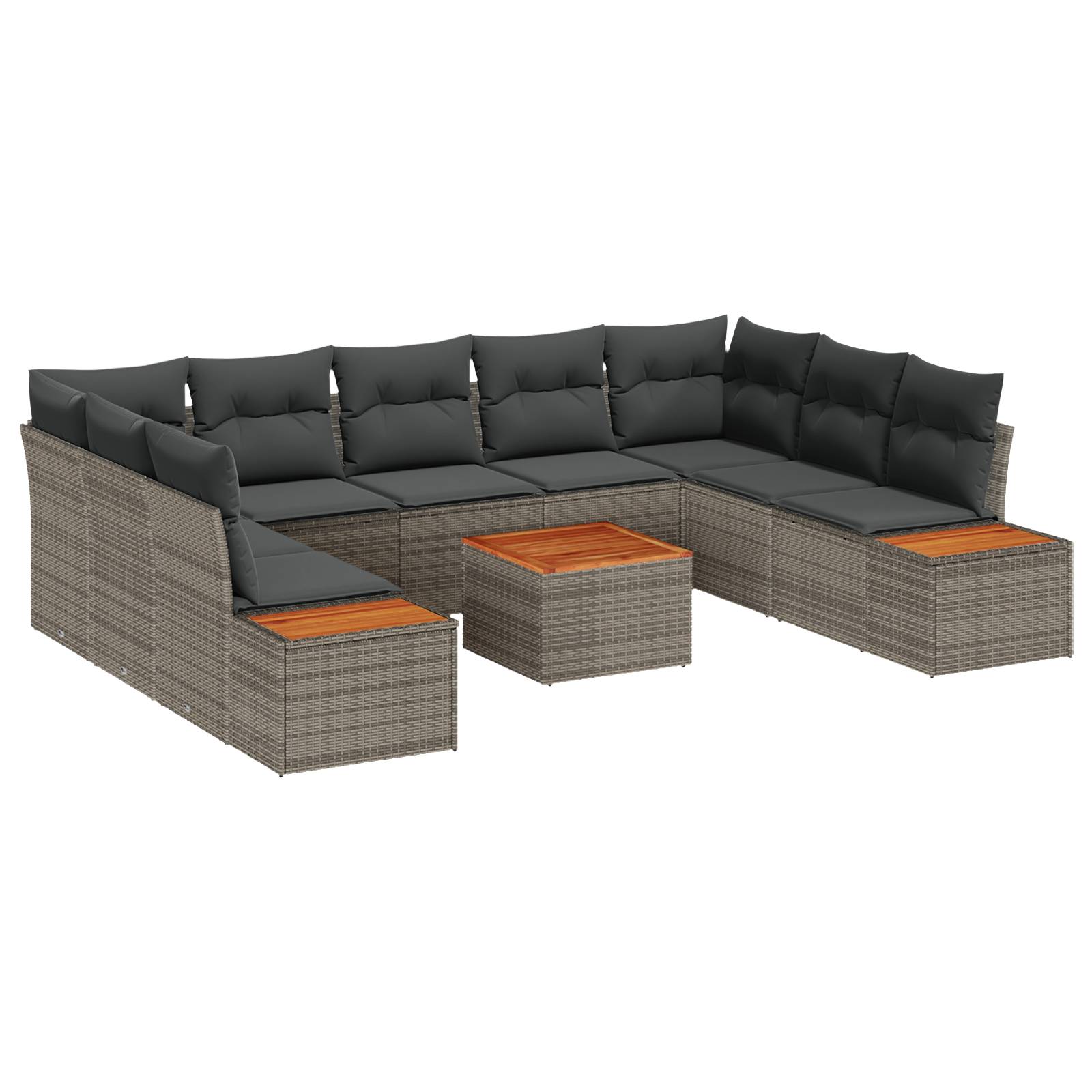 vidaXL 10-teiliges Gartensofa-Set mit Kissen aus grauem Poly-Rattan und Akazie