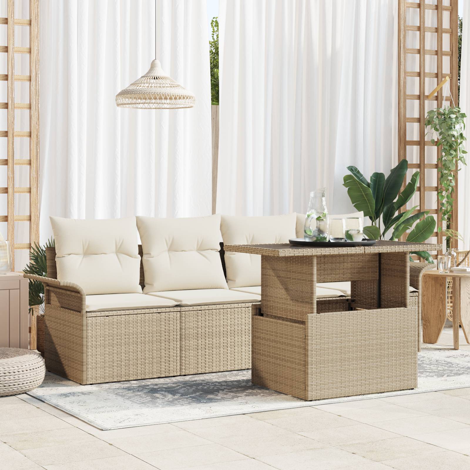 vidaXL 5-teiliges Garten-Sofa-Set mit Kissen in beige Poly-Rattan