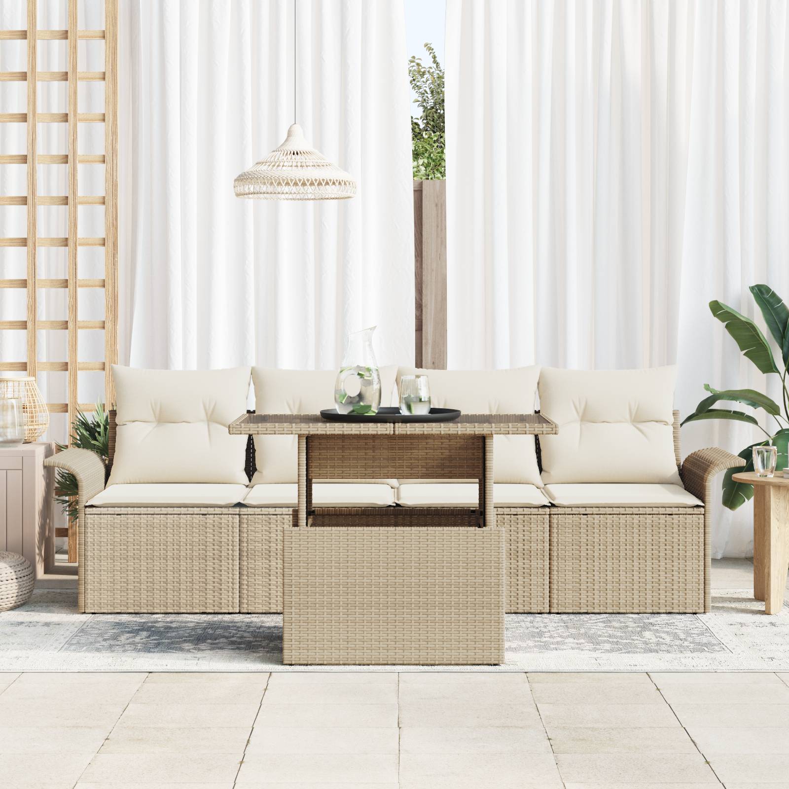 vidaXL 5-teiliges Garten-Sofa-Set mit Kissen in beige Poly-Rattan