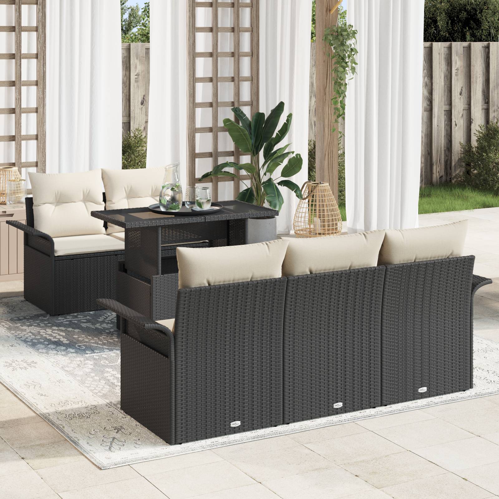 vidaXL 6-tlg. Garten-Sofagarnitur mit Kissen Schwarz Poly Rattan