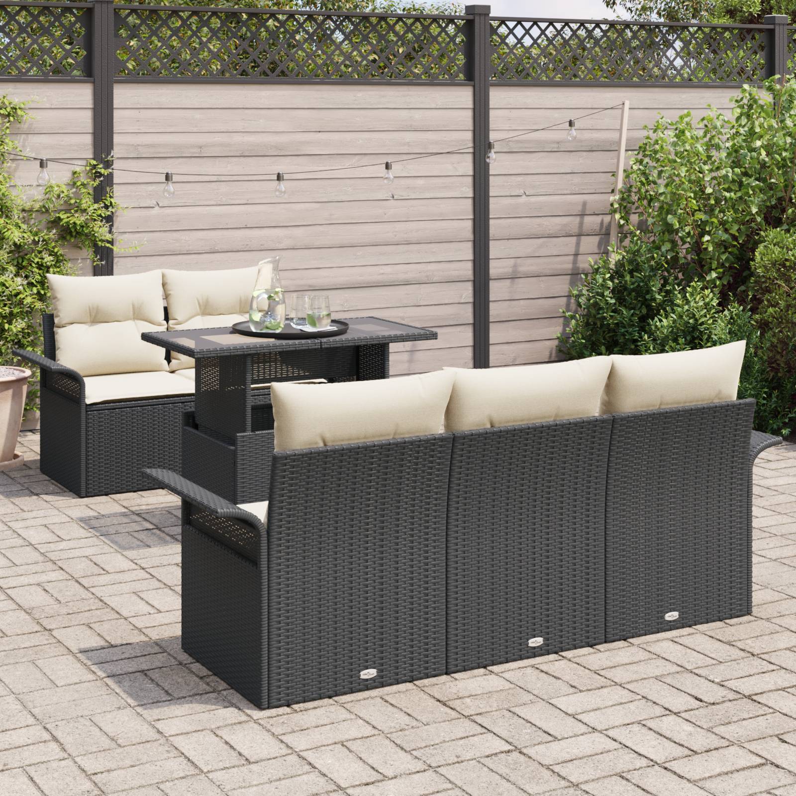vidaXL 6-tlg. Garten-Sofagarnitur mit Kissen Schwarz Poly Rattan