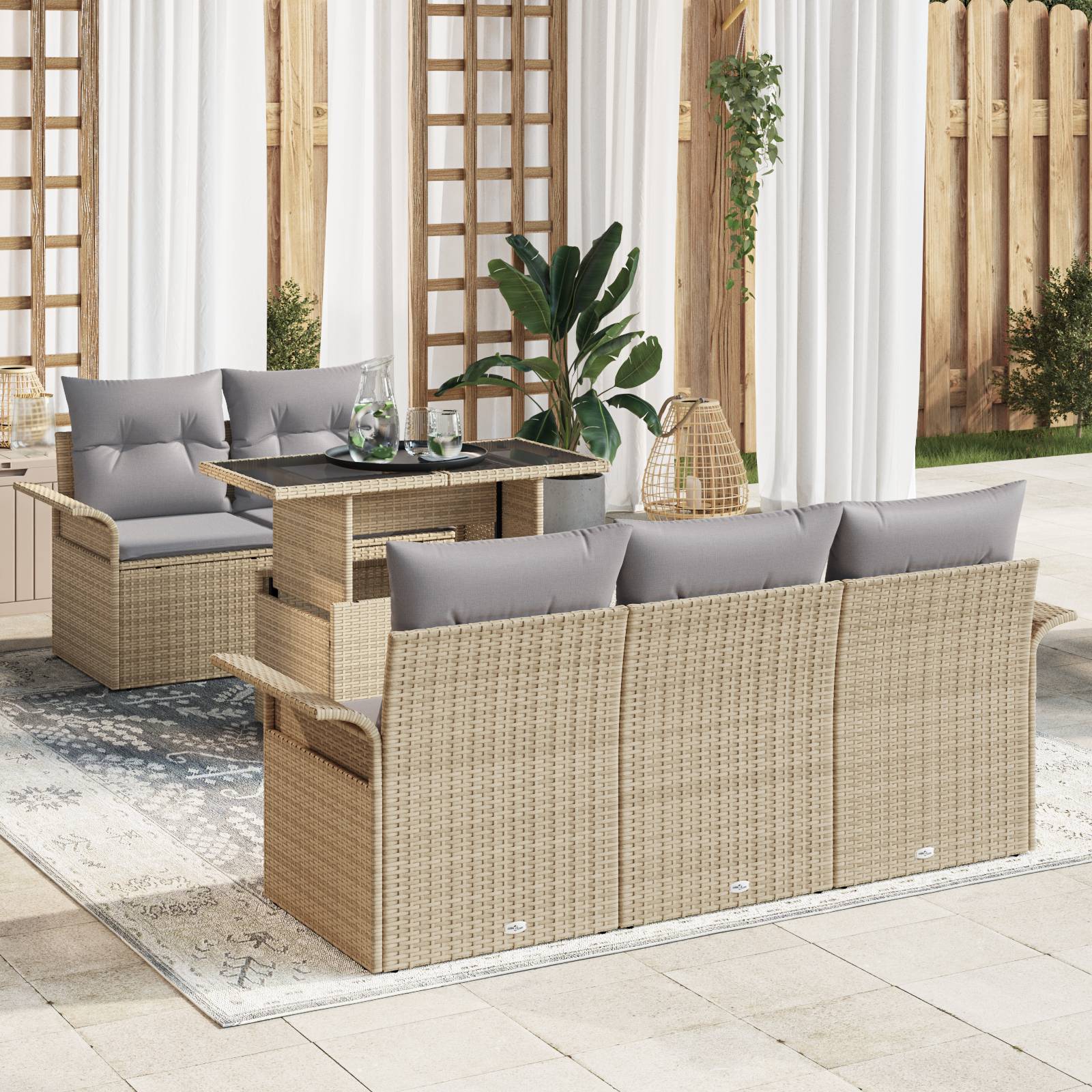 vidaXL 6-tlg. Garten-Sofagarnitur mit Kissen Beige Poly Rattan