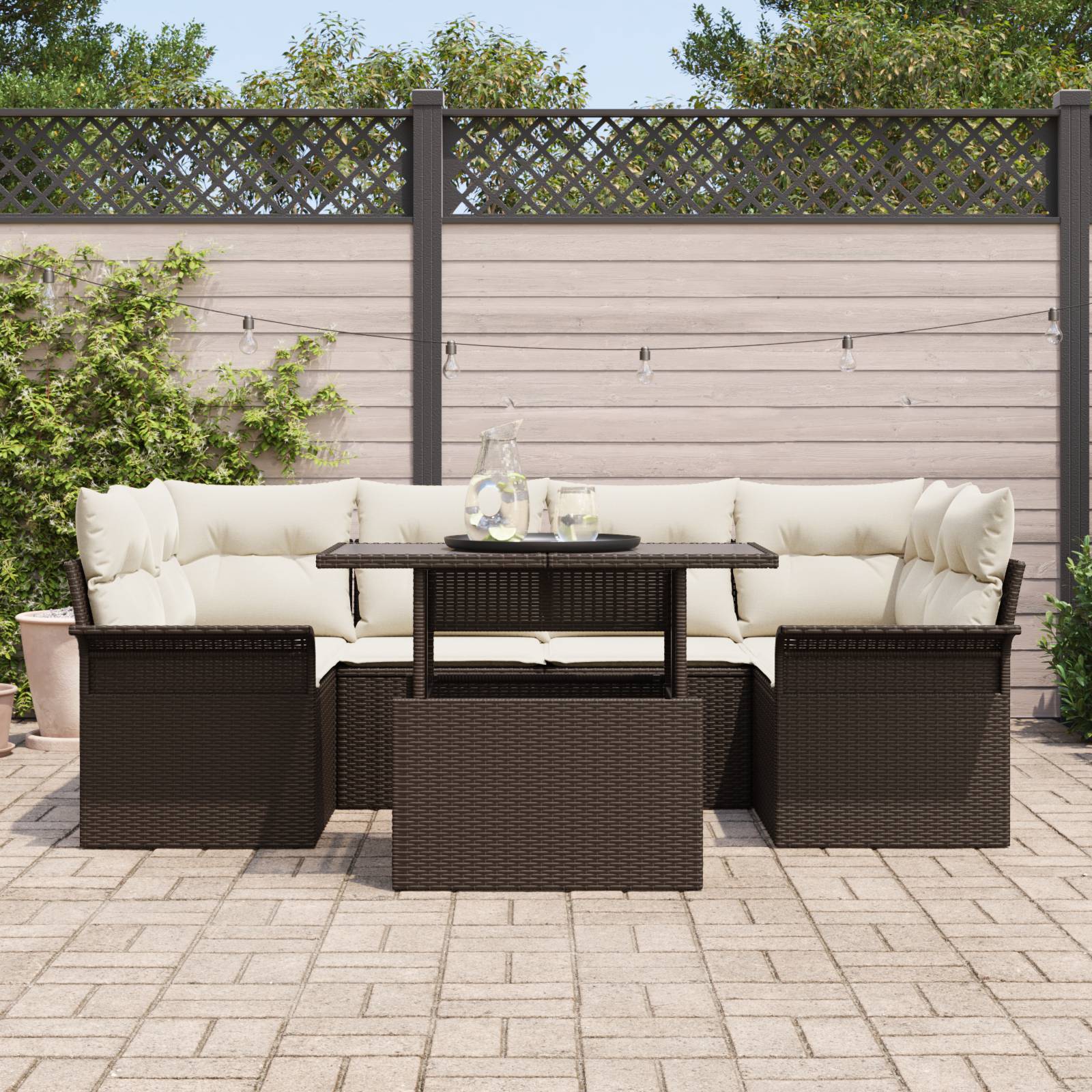 vidaXL 7-tlg. Garten-Sofagarnitur mit Kissen Braun Poly Rattan