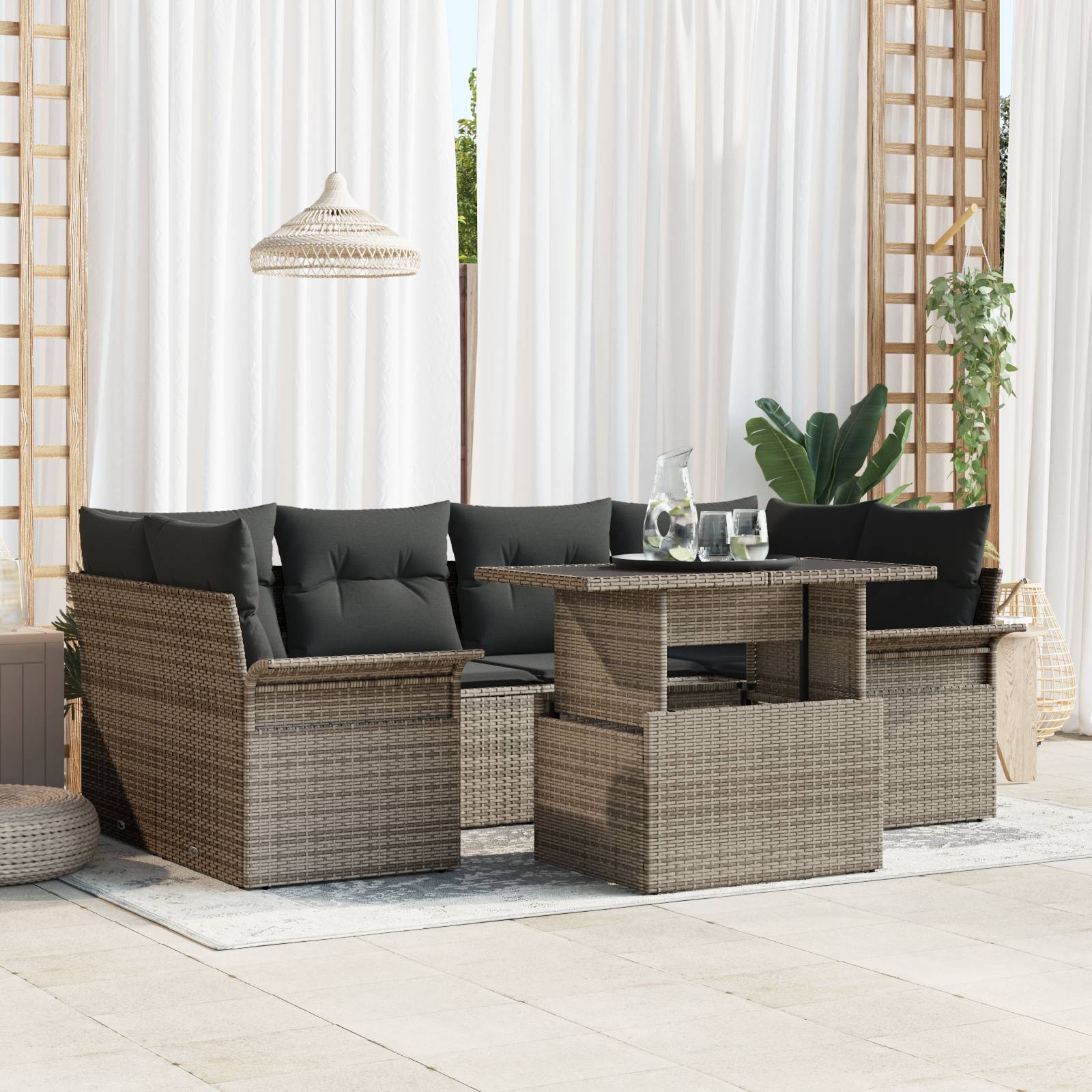 vidaXL 7-tlg. Garten-Sofagarnitur mit Kissen Grau Poly Rattan
