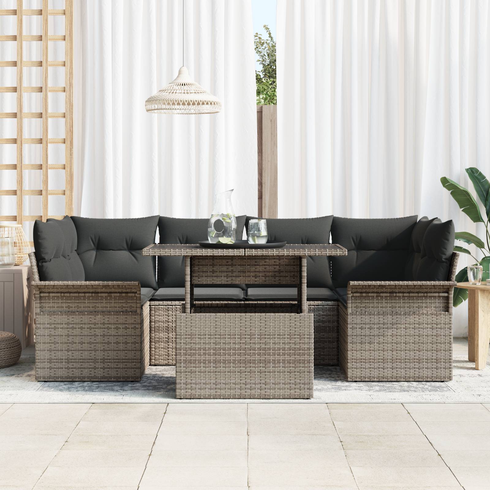vidaXL 7-tlg. Garten-Sofagarnitur mit Kissen Grau Poly Rattan