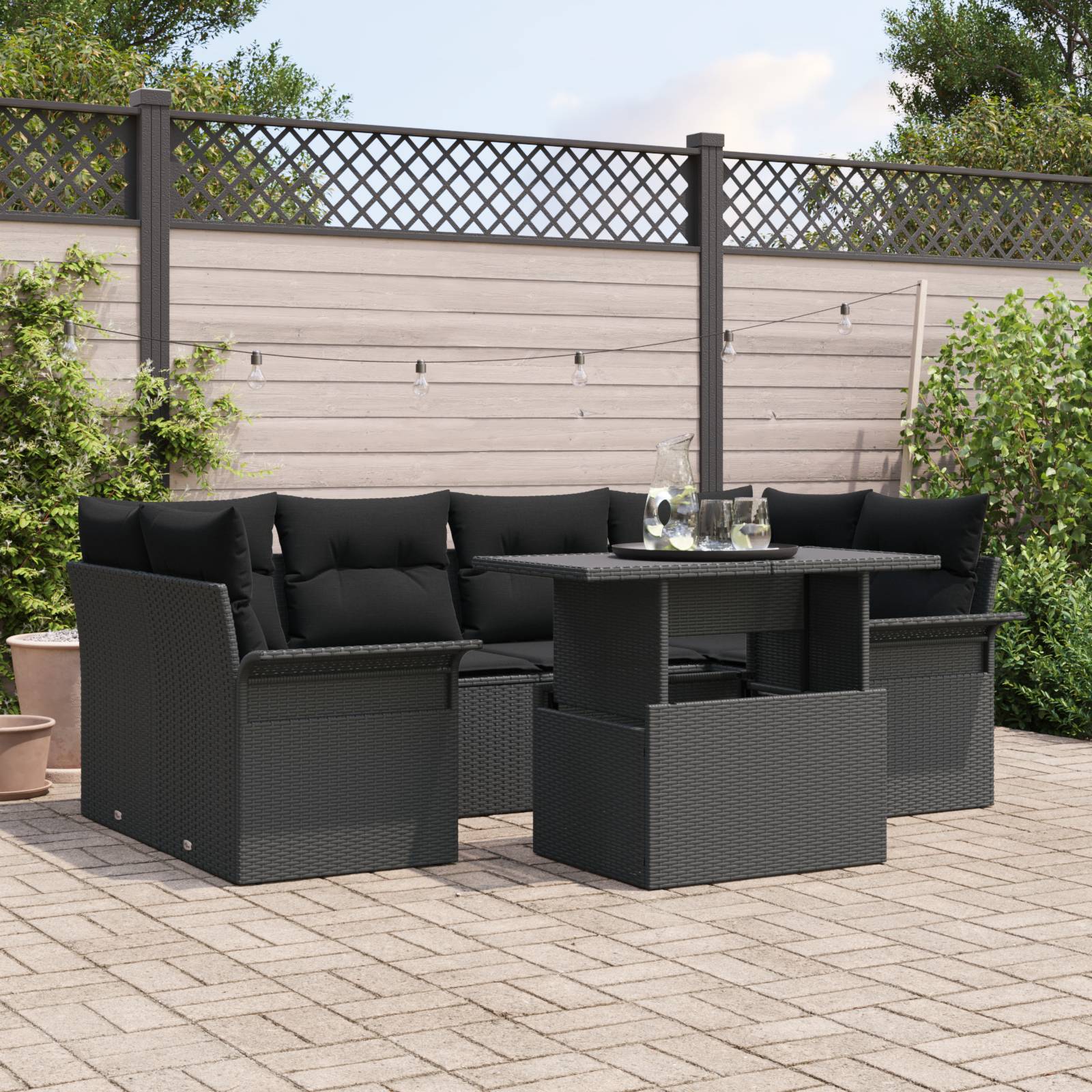 vidaXL 7-tlg. Garten-Sofagarnitur mit Kissen Schwarz Poly Rattan