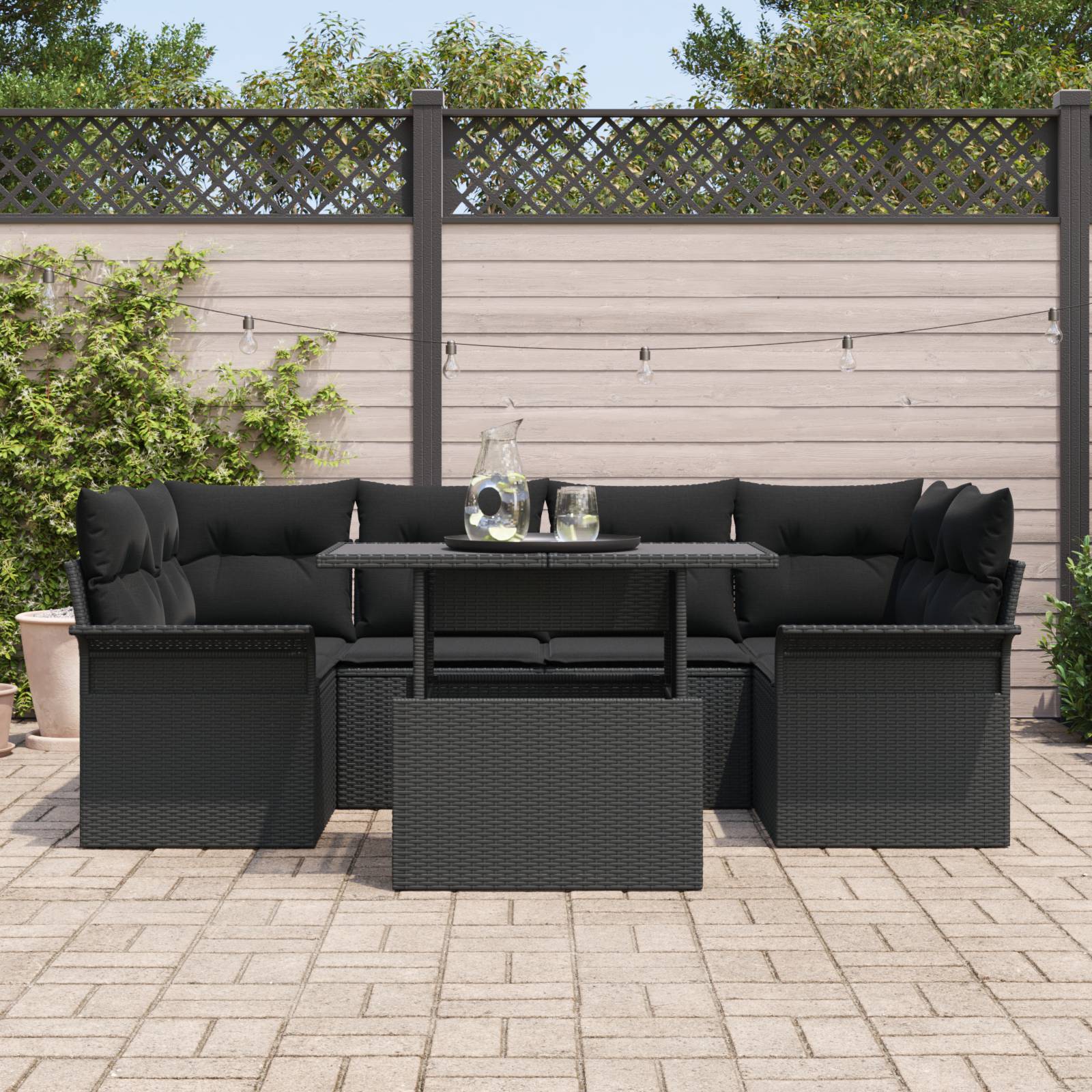 vidaXL 7-tlg. Garten-Sofagarnitur mit Kissen Schwarz Poly Rattan