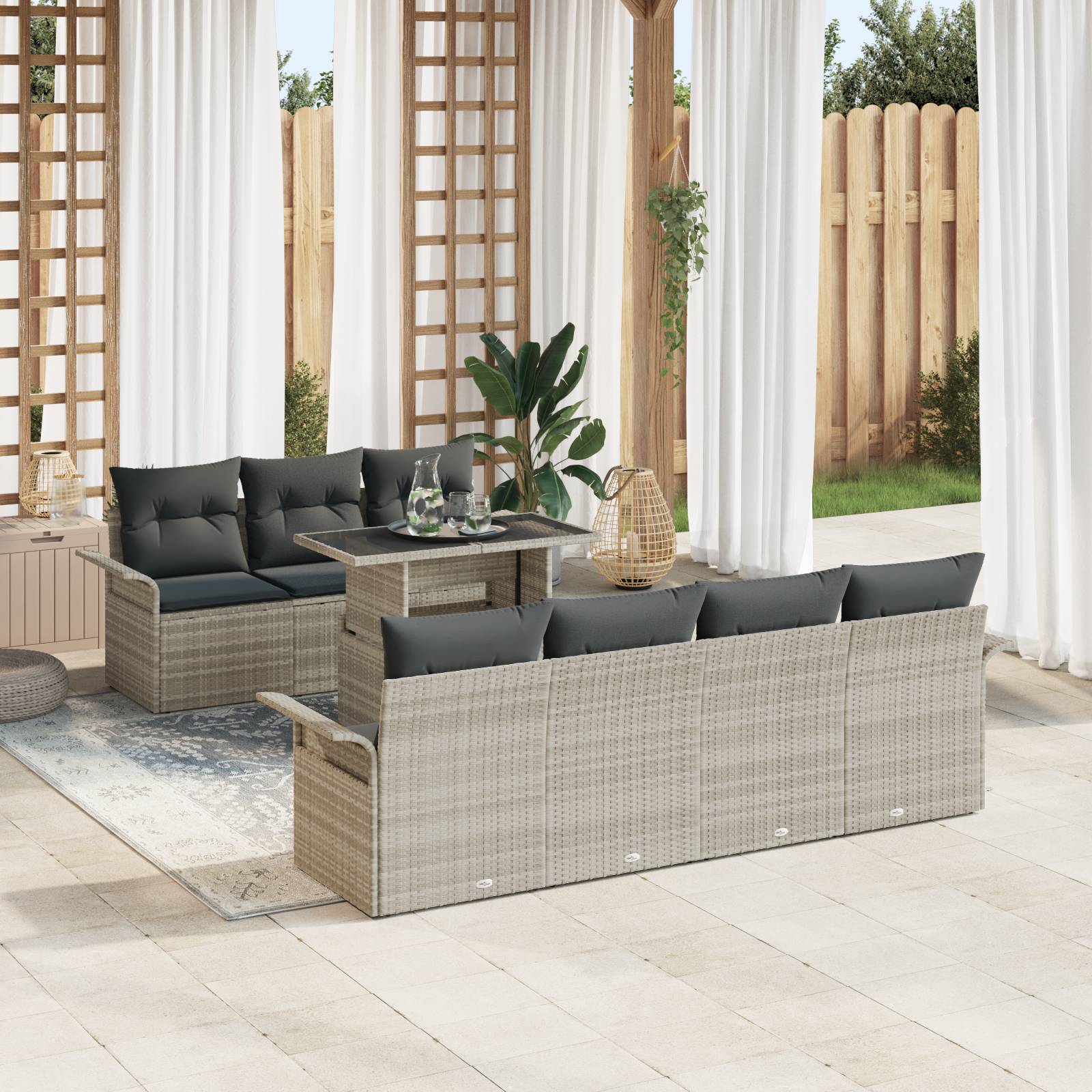 vidaXL 8-tlg. Garten-Sofagarnitur mit Kissen Hellgrau Poly Rattan