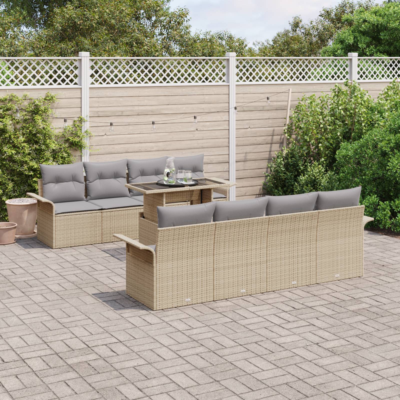 vidaXL 9-tlg. Garten-Sofagarnitur mit Kissen Beige Poly Rattan