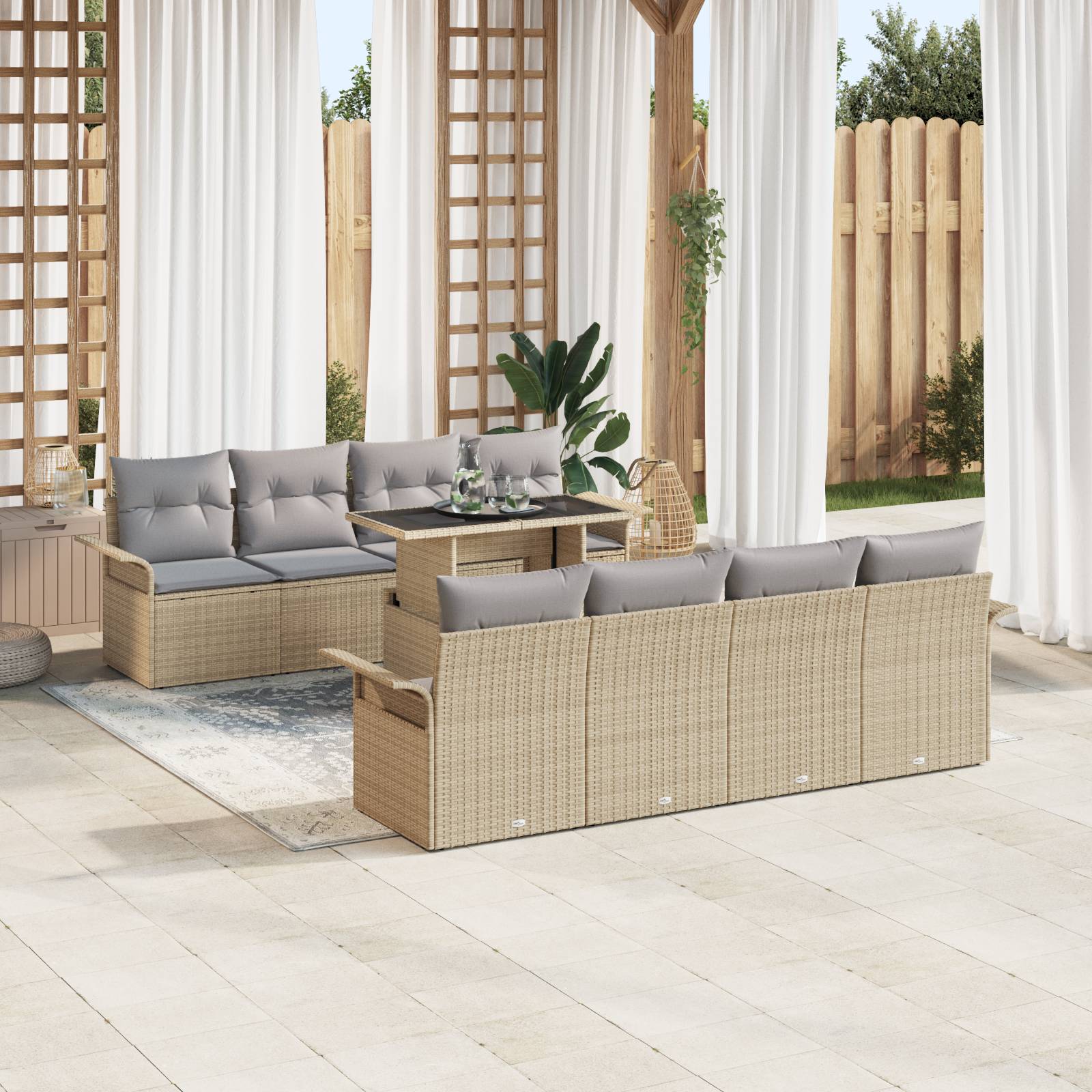 vidaXL 9-tlg. Garten-Sofagarnitur mit Kissen Beige Poly Rattan