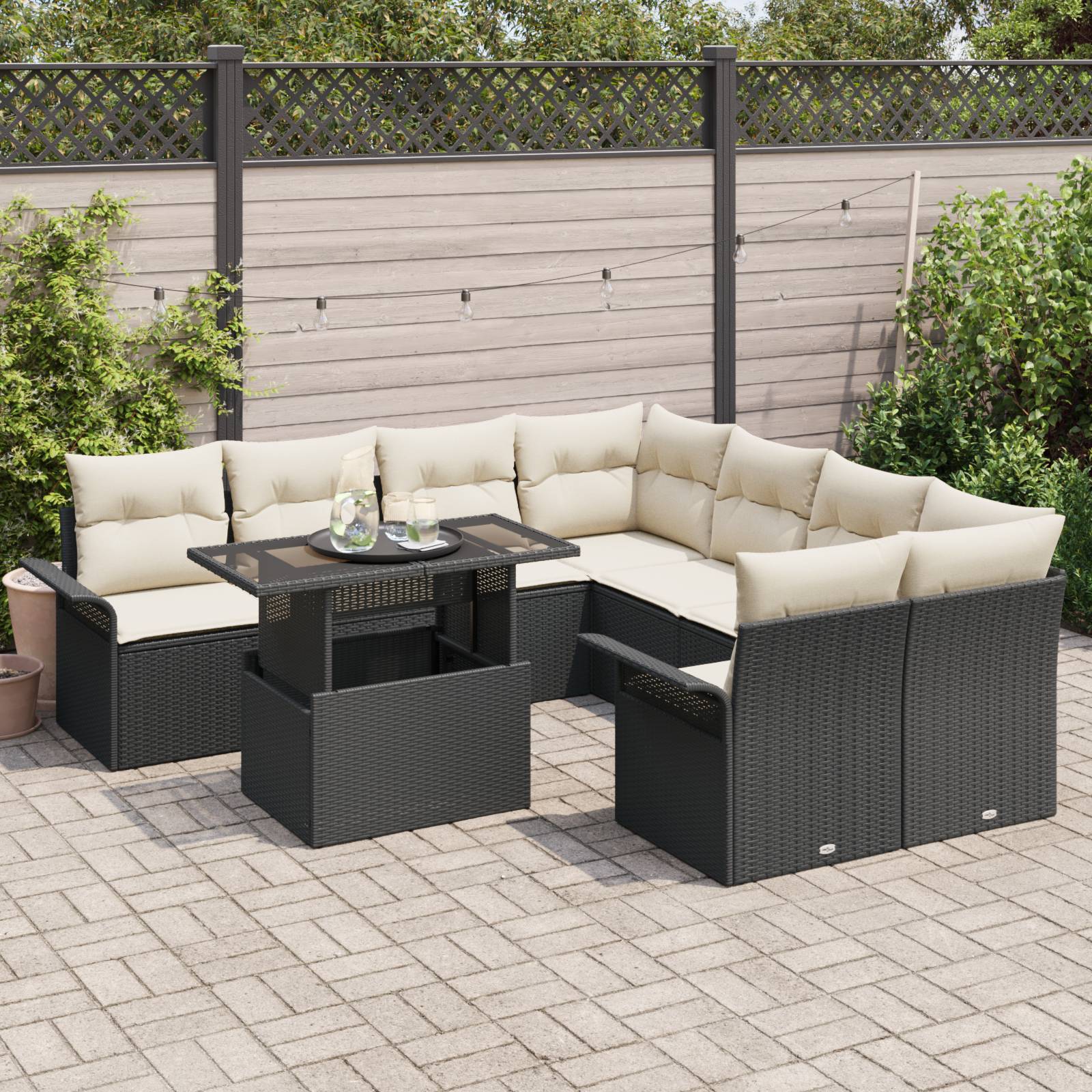 vidaXL 9-teiliges Garten-Sofa-Set mit Kissen - Schwarz Poly Rattan