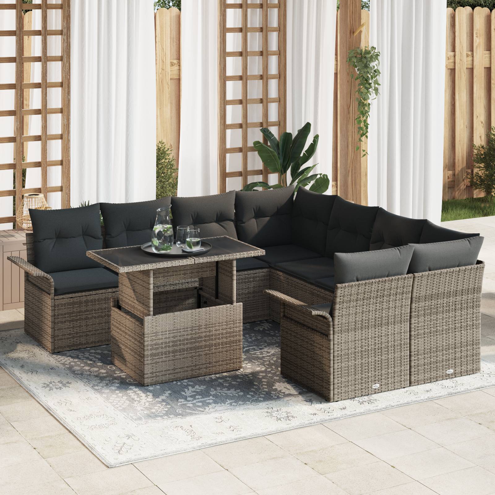 vidaXL 9-tlg. Garten-Sofagarnitur mit Kissen Grau Poly Rattan