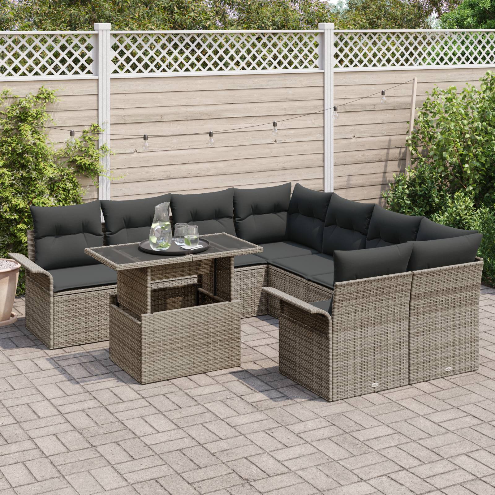 vidaXL 9-tlg. Garten-Sofagarnitur mit Kissen Grau Poly Rattan