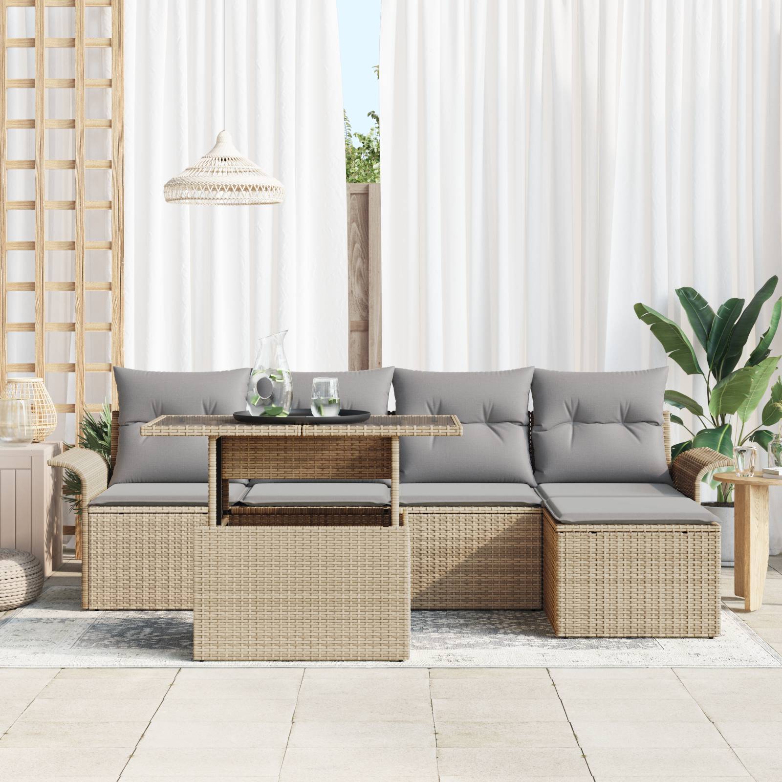 vidaXL 6-teiliges Garten Sofa Set mit Kissen Beige Poly Rattan