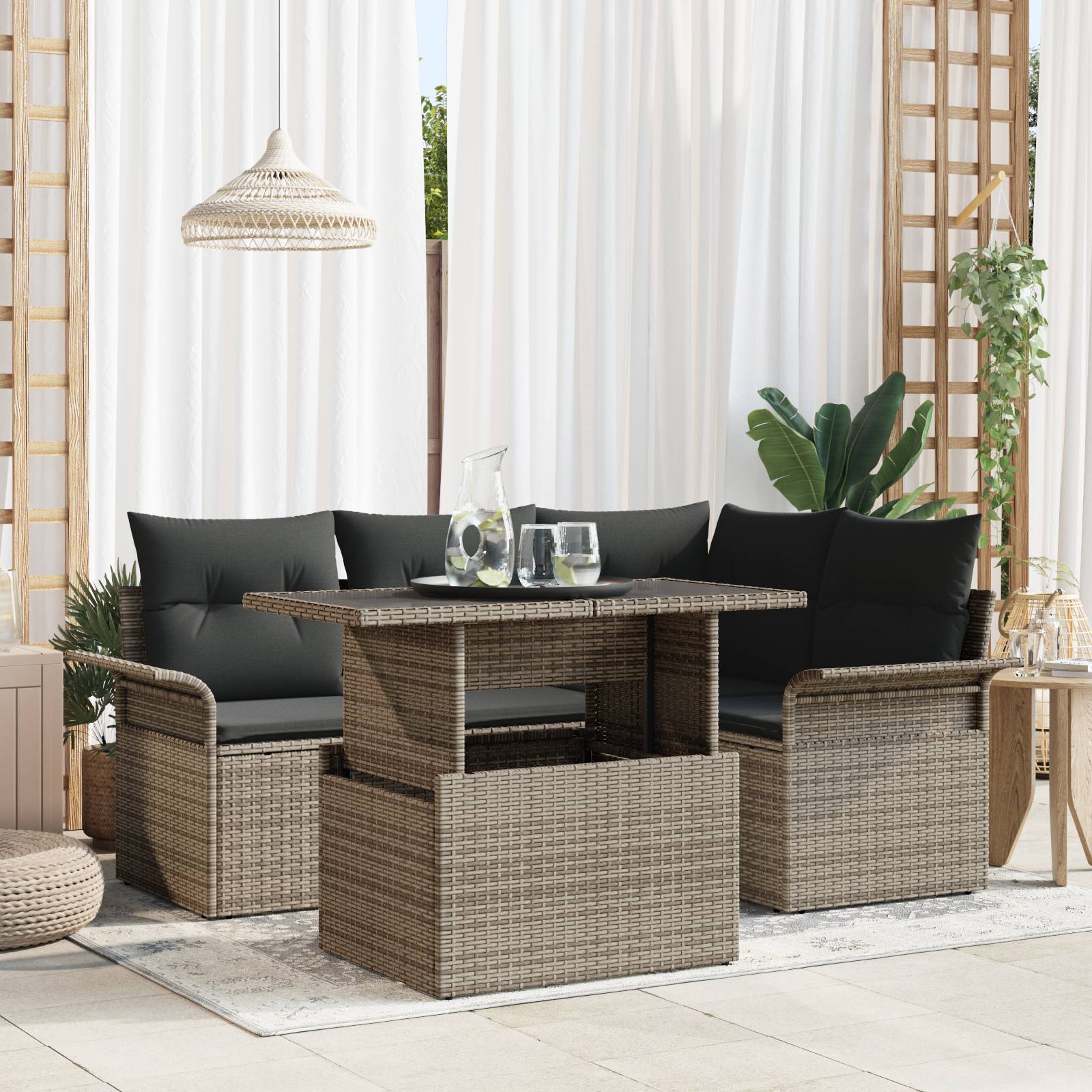 vidaXL 5-tlg. Garten-Sofagarnitur mit Kissen Grau Poly Rattan