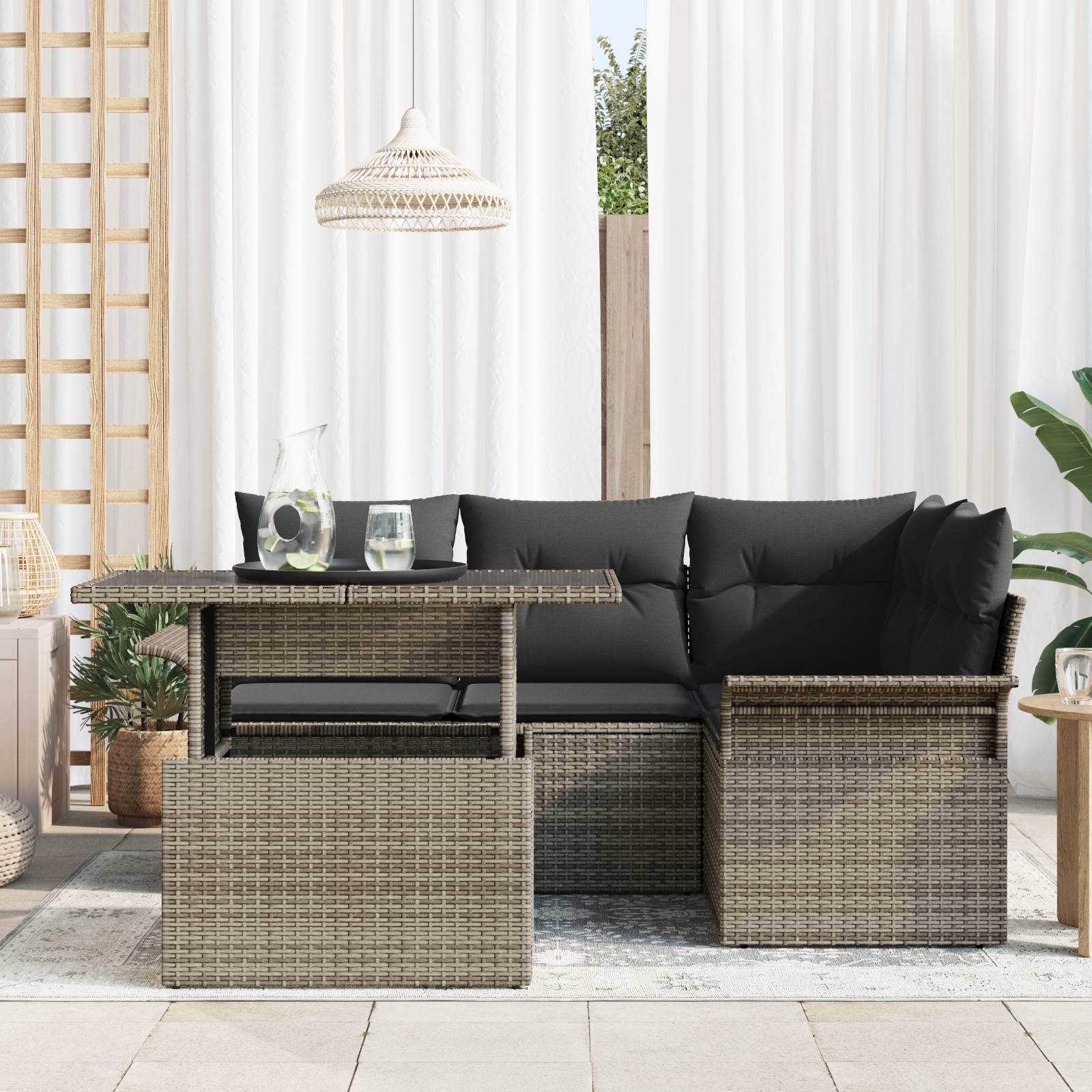 vidaXL 5-tlg. Garten-Sofagarnitur mit Kissen Grau Poly Rattan