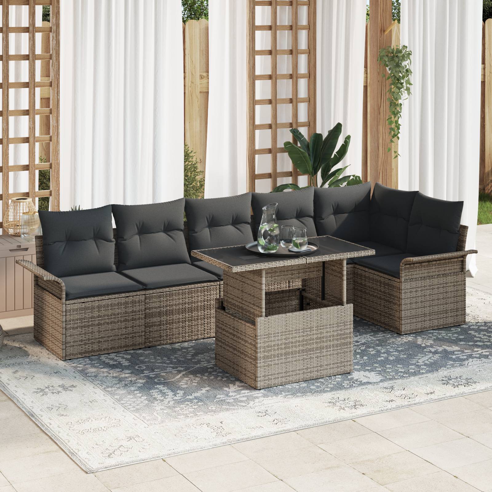 vidaXL 7-tlg. Garten-Sofagarnitur mit Kissen Grau Poly Rattan