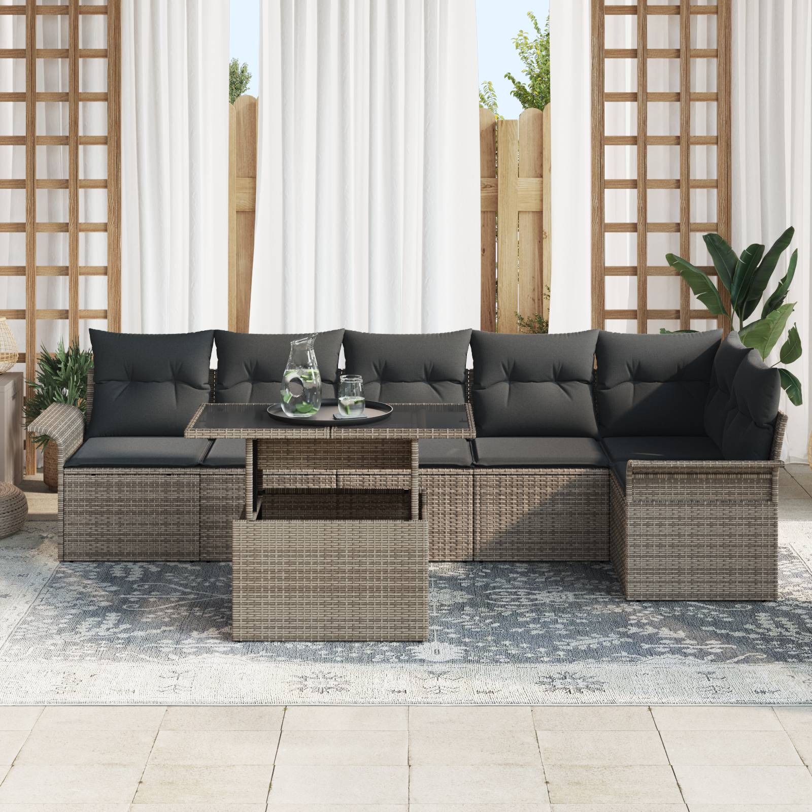 vidaXL 7-tlg. Garten-Sofagarnitur mit Kissen Grau Poly Rattan