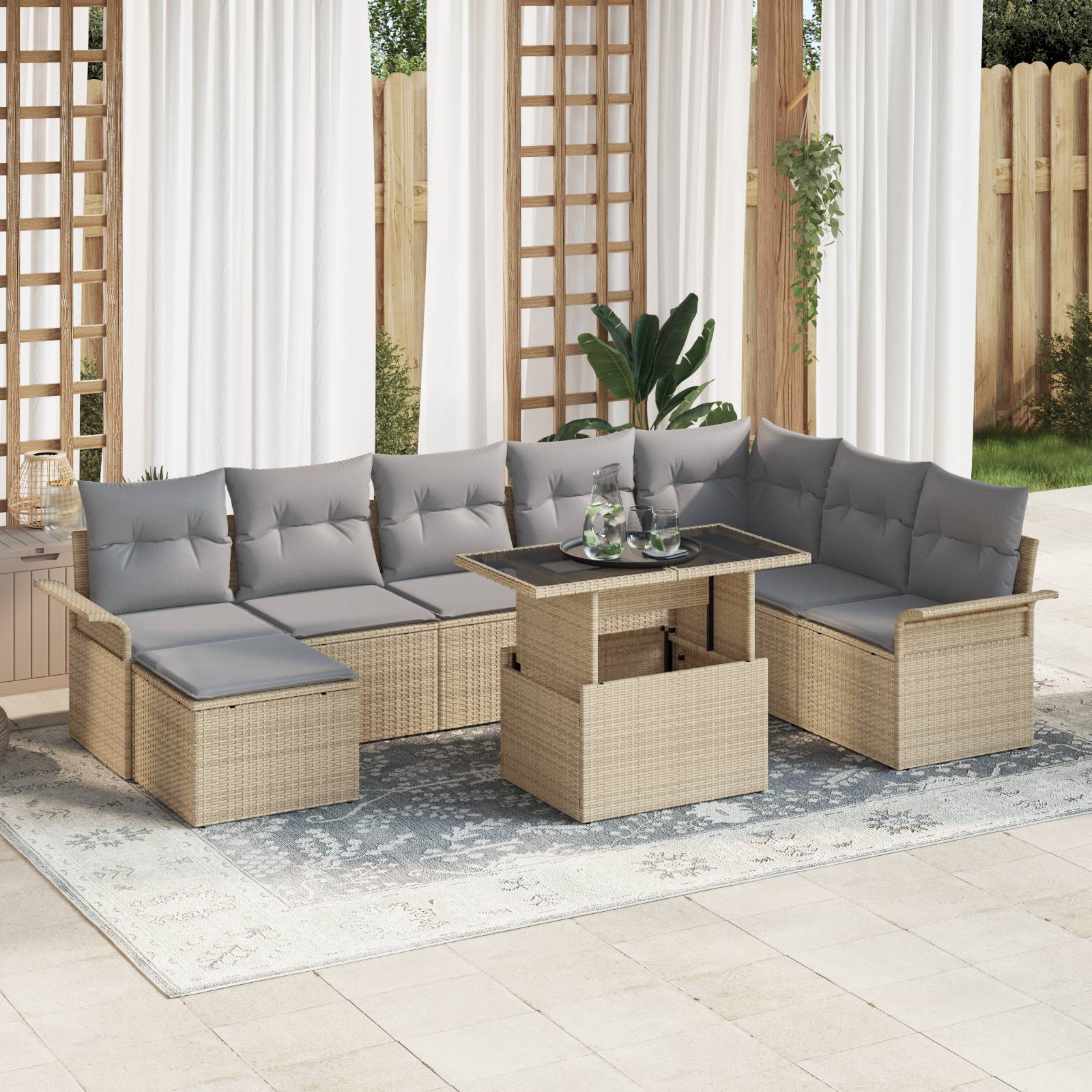 vidaXL 9-tlg. Garten-Sofagarnitur mit Kissen Beige Poly Rattan
