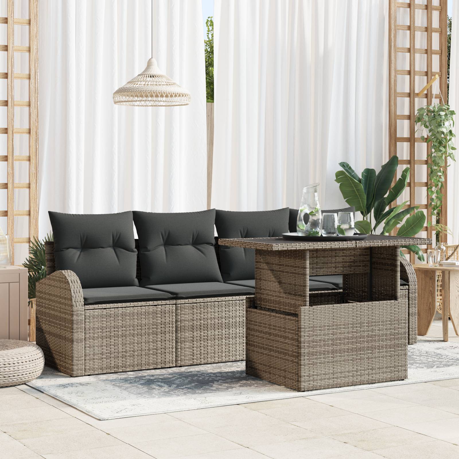 vidaXL 5-teiliges Garten-Sofa-Set mit Kissen Grau Poly Rattan