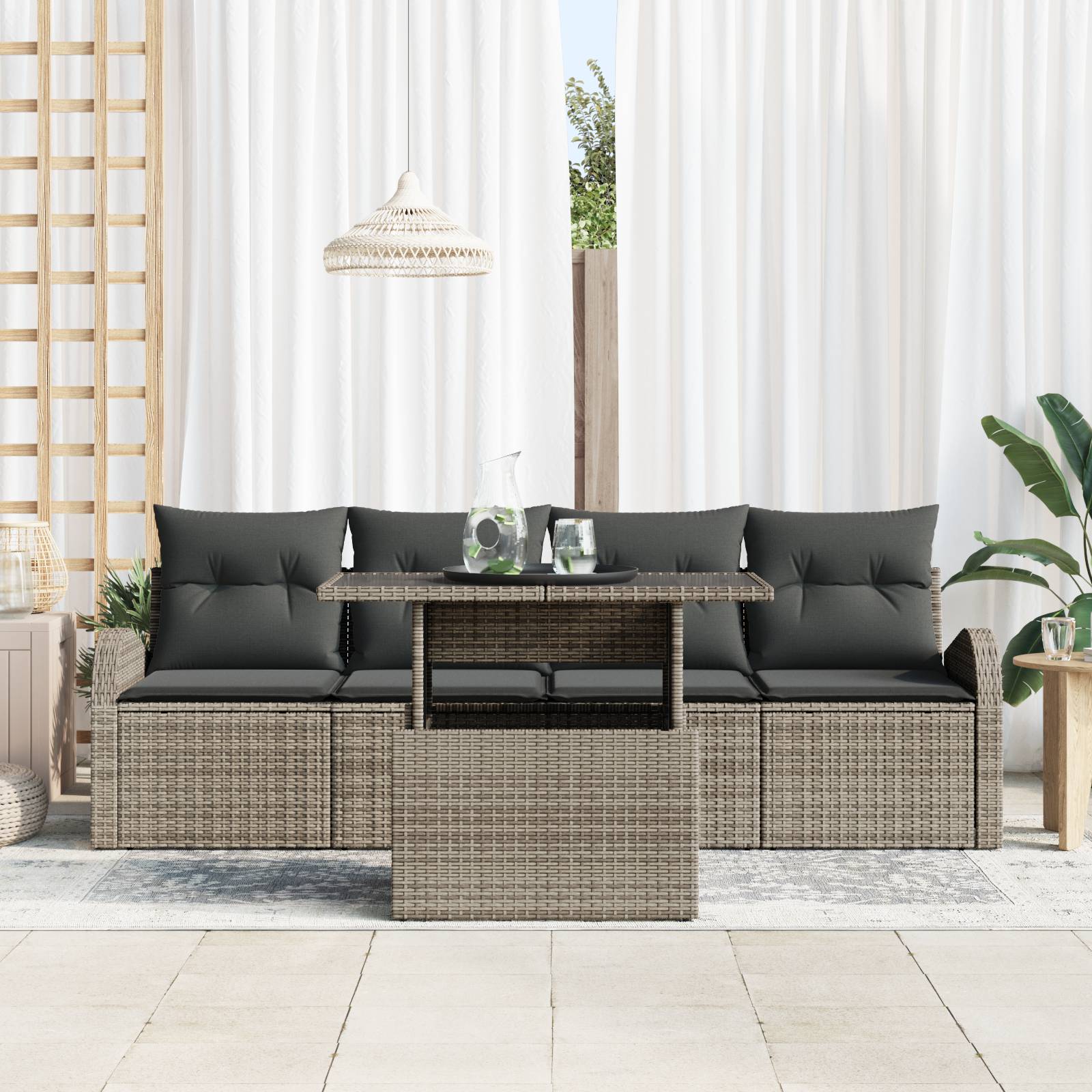 vidaXL 5-teiliges Garten-Sofa-Set mit Kissen Grau Poly Rattan