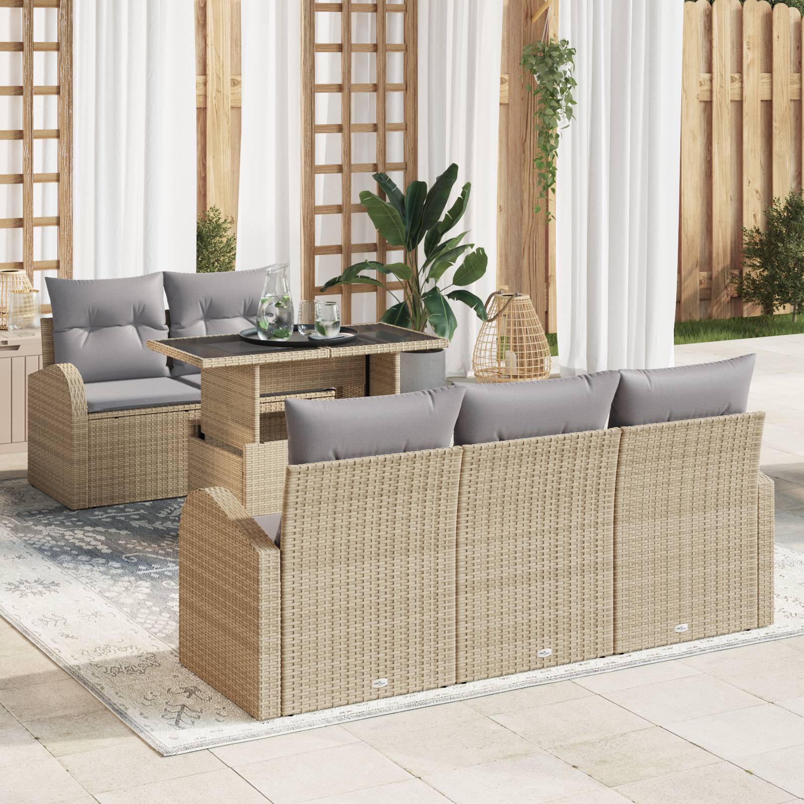 vidaXL 6-tlg. Garten-Sofagarnitur mit Kissen Beige Poly Rattan